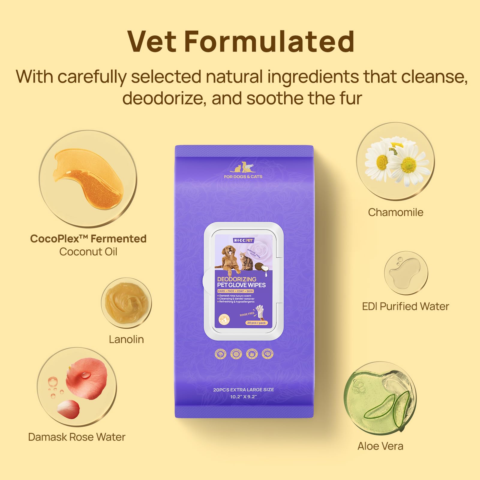 Hicc Pet Cleaning & Deodorizing Bathing Wipes For Dogs And Cats, Coconut Oil Grooming Wipes For Face, Paws, Butt And Body, Dog C