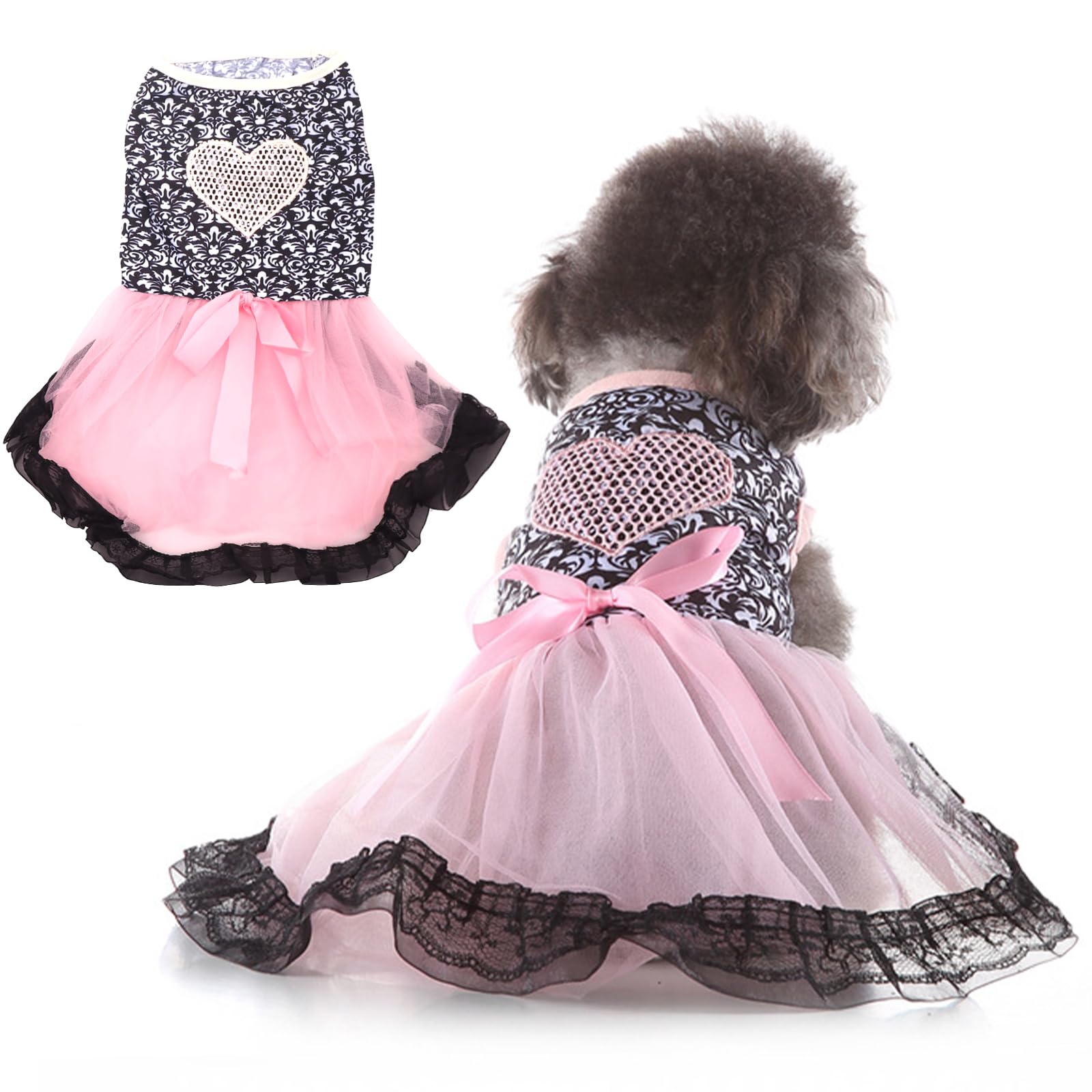 Dog Costume Dress M, Black Floral Top With Pink Tulle Skirt And Bow, Glitter Heart Pet Outfit For 8-9 Lbs Dogs And Cats, Romanti