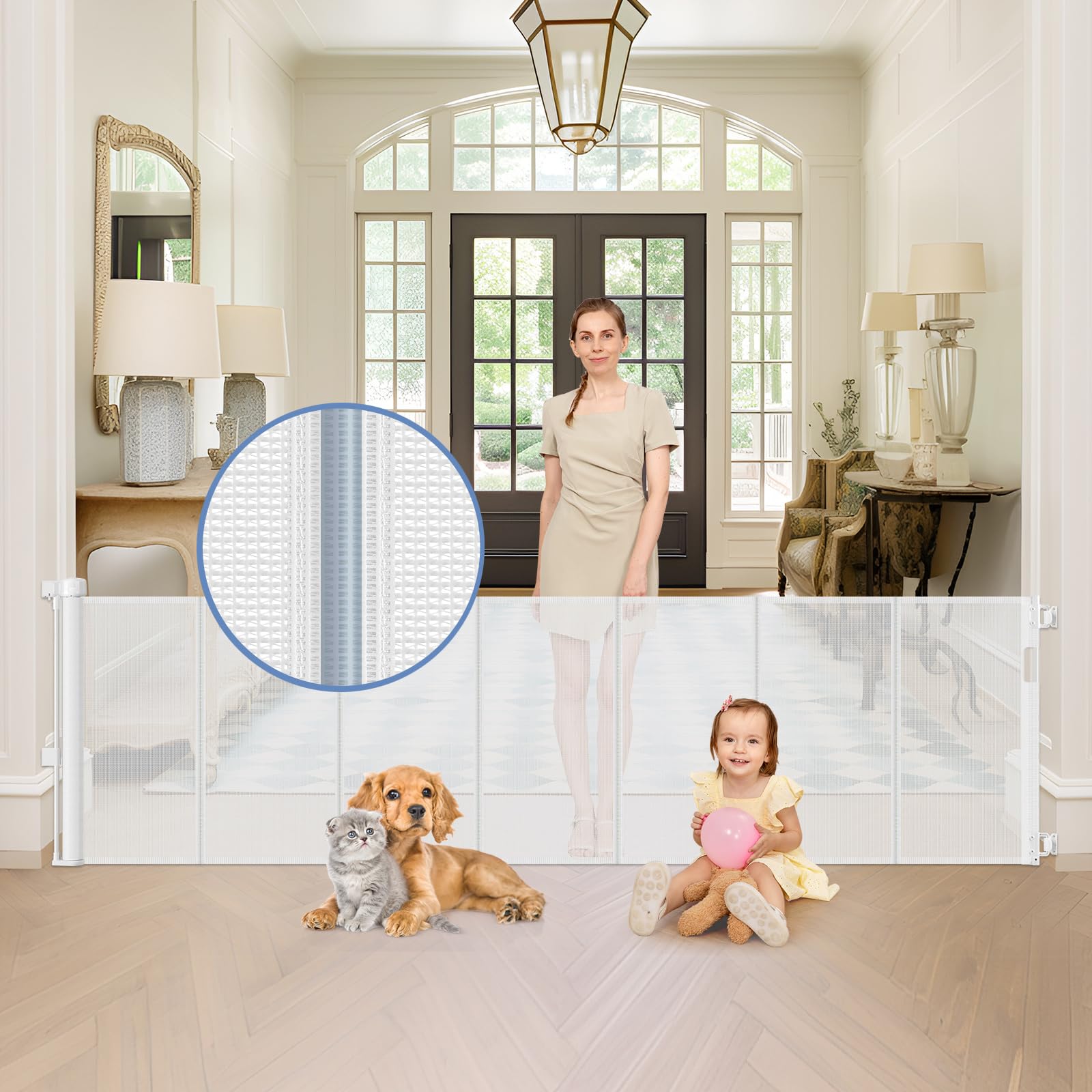 Reinforced 90 Inch Retractable Baby Gate for Doorways Extra Wide Outdoor Retractable Gate for Dog Reinforced Bottom to Prevent C