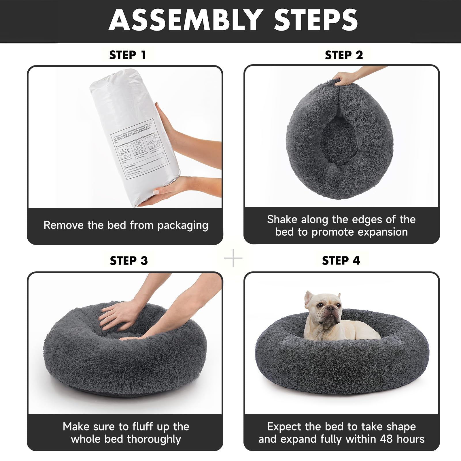 Ohgeni Calming Donut Dog Bed Pillow For Medium Pets, Machine Washable Removable Cover, Comfort Plush Fluffy Faux Fur With Anti-Slip Bottom, Cats-Friendly Round Cuddly Design, Gray, 30 Inches