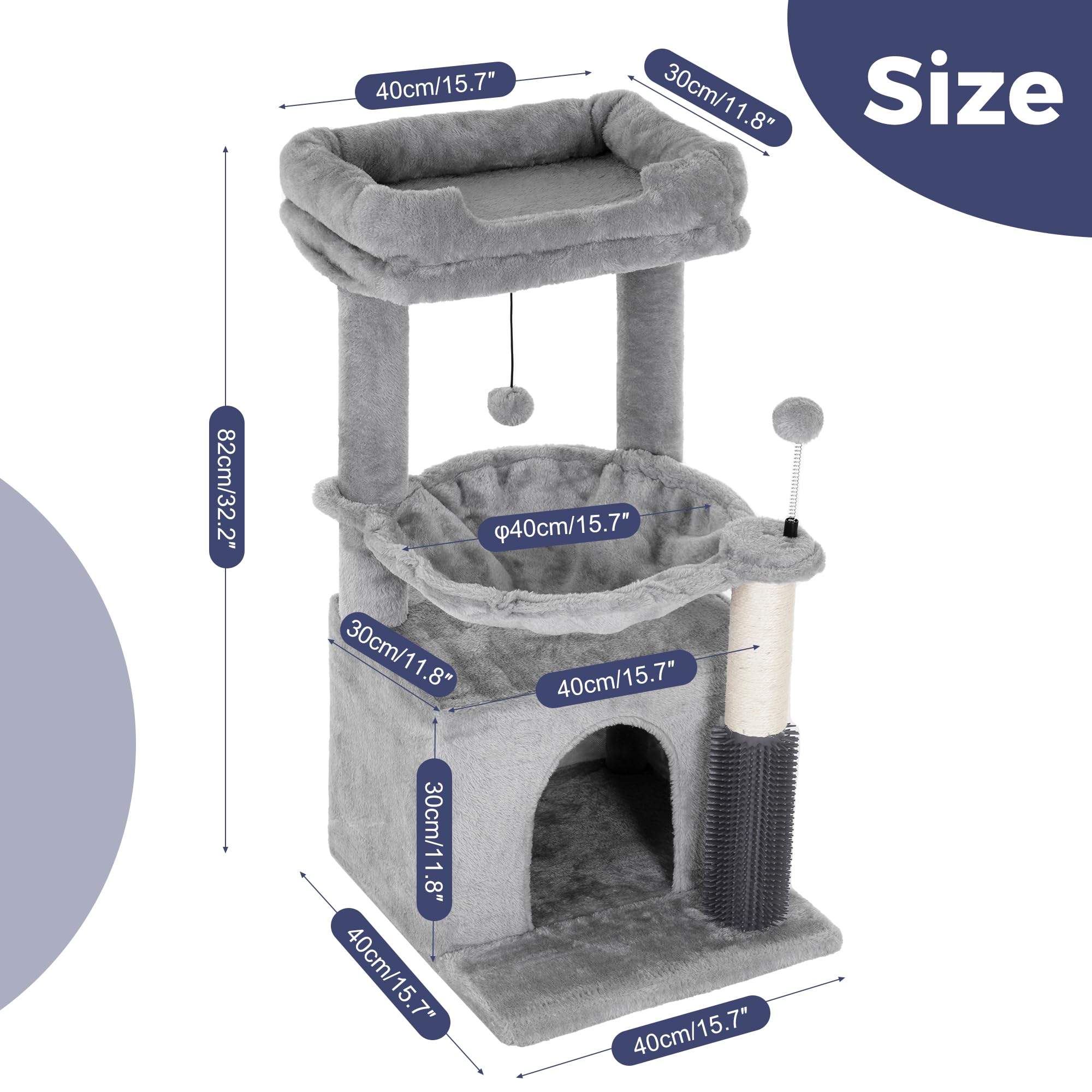 Pawfessor 5 In 1 Cat Tree 32 Inches Cat Tower With Self Groomer,15.7   Large Hammock, Fully Scratching Post, Removable Top Perch