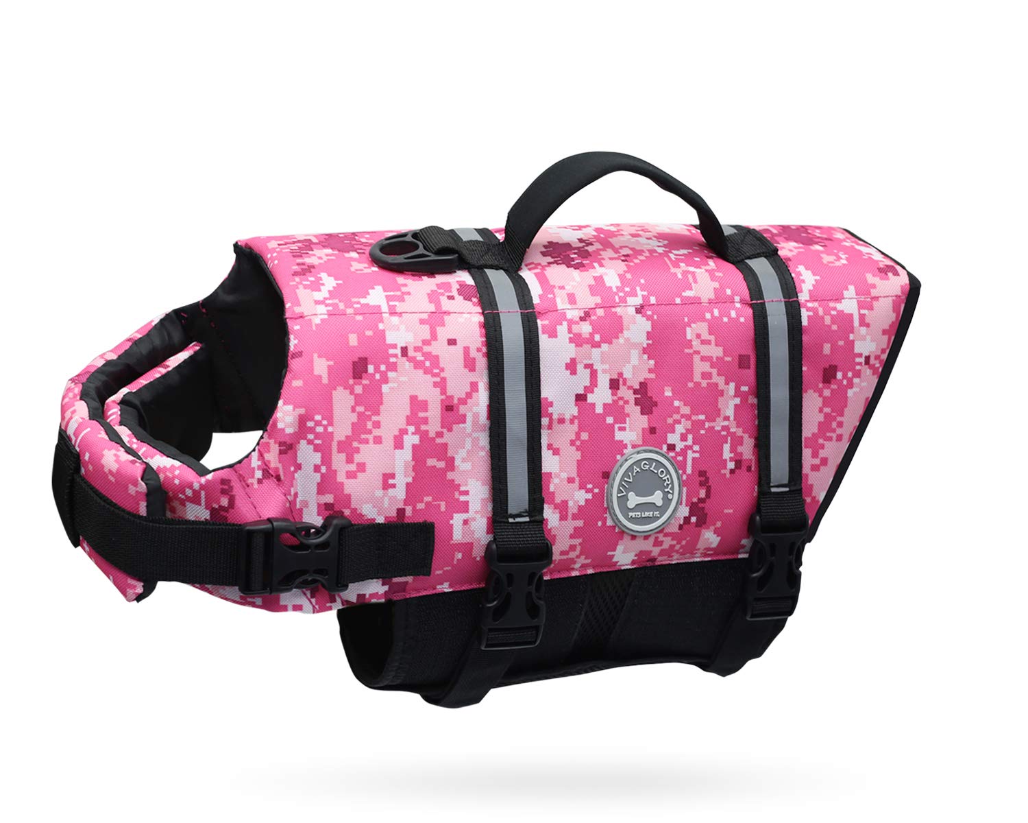 Vivaglory Ripstop Dog Life Jacket For Boating, Dog Lifejackets Swimming Vest Enhanced Visibility Buoyancy Safety, Camo Pink, S