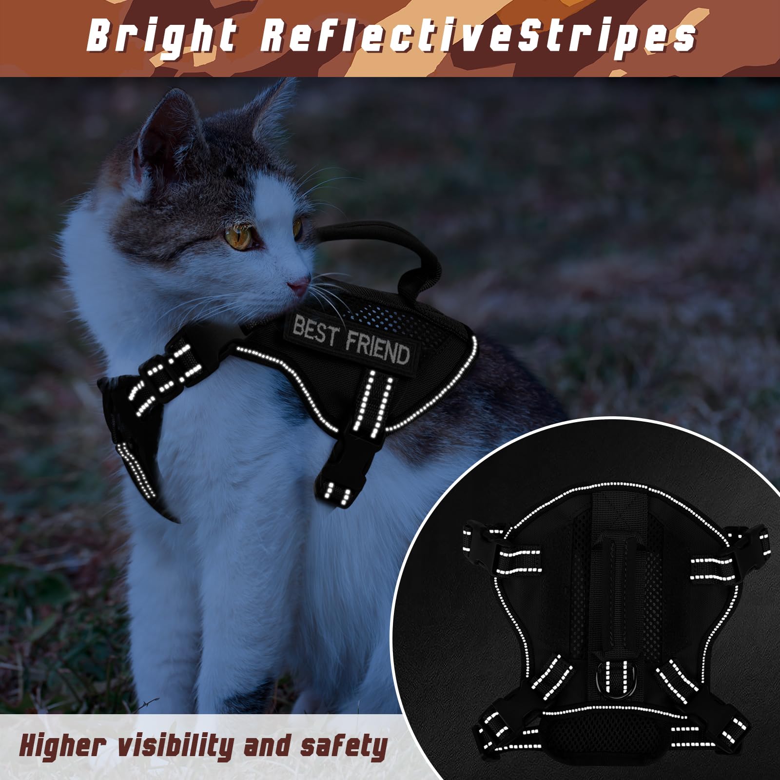 SALFSE Extra Large Tactical Cat Harness with Handle, Air Mesh Adult Cat Walking Vest Harness Escape Proof, Reflective (Black, XL