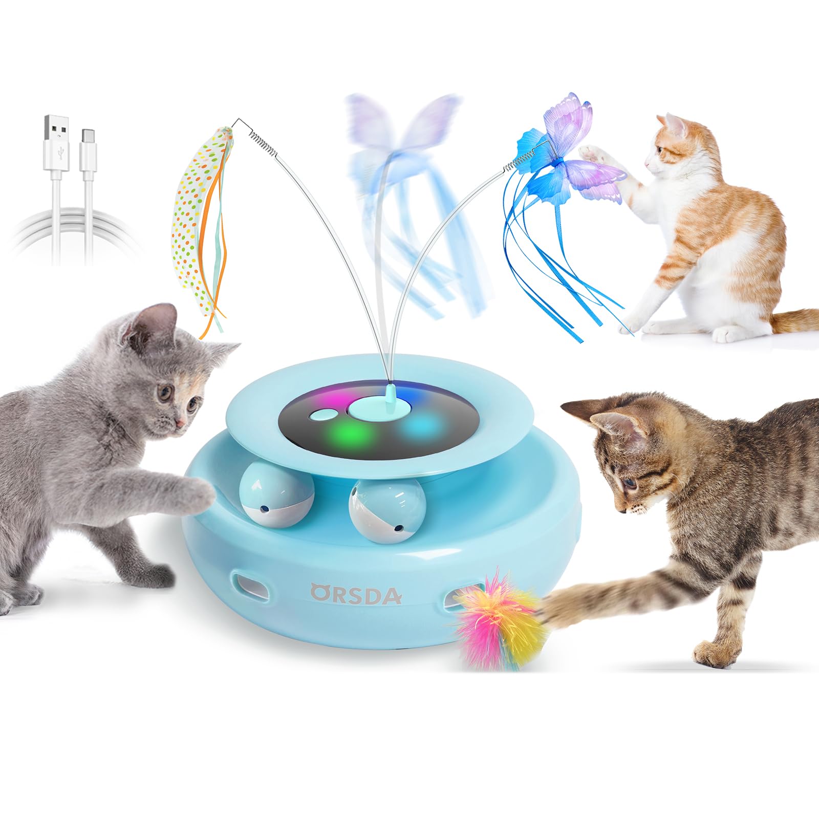 Orsda 3-In-1 Cat Toys Rechargeable, Interactive Cat Toys For Indoor Cats Automatic Kitten Toy, Moving Ambush Feather, Fluttering
