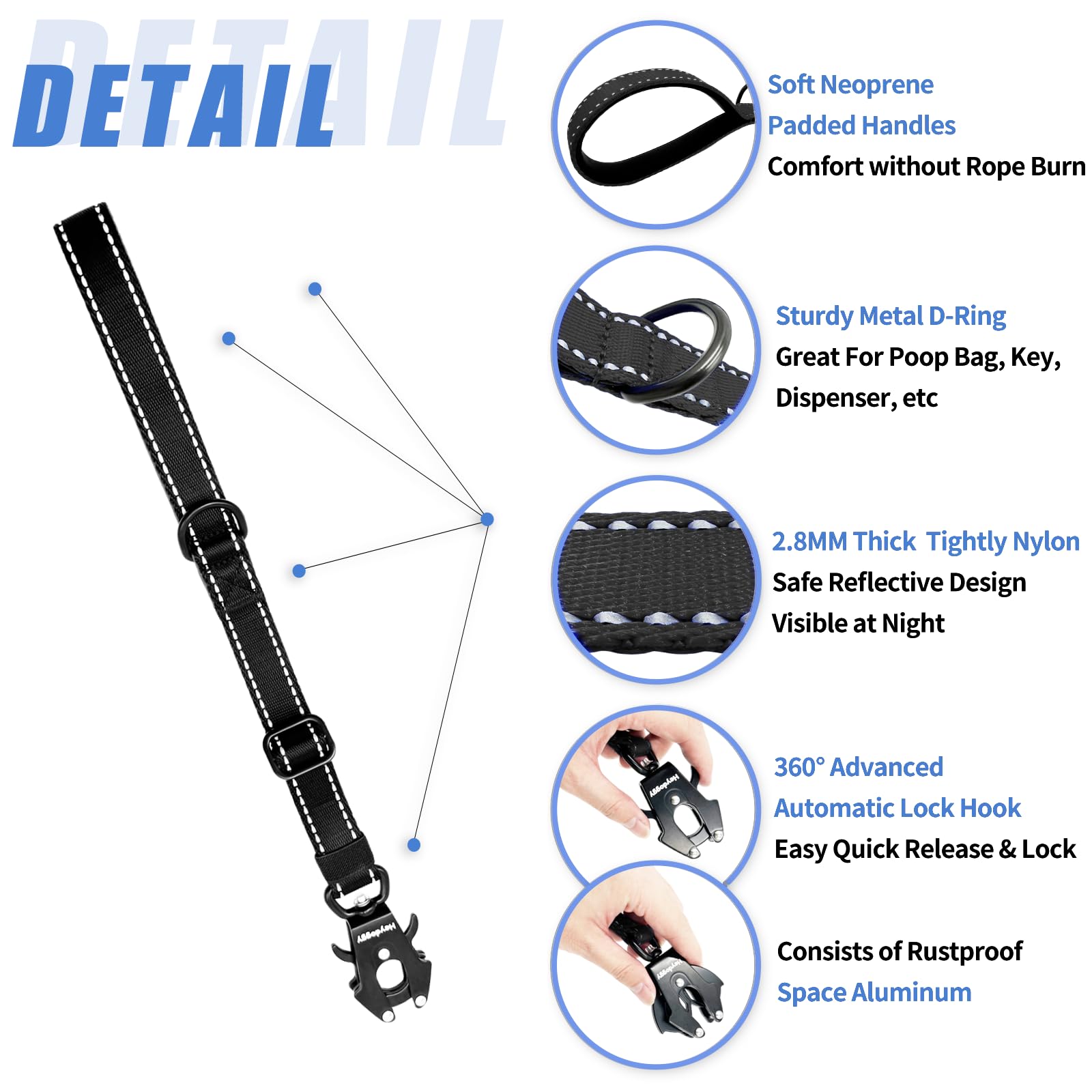 Strong Heavy Duty Dog Leash - Adjustable Short Dog Leash 15''-18'', Reflective Nylon Training Leash With Padded Handle & Frog Cl