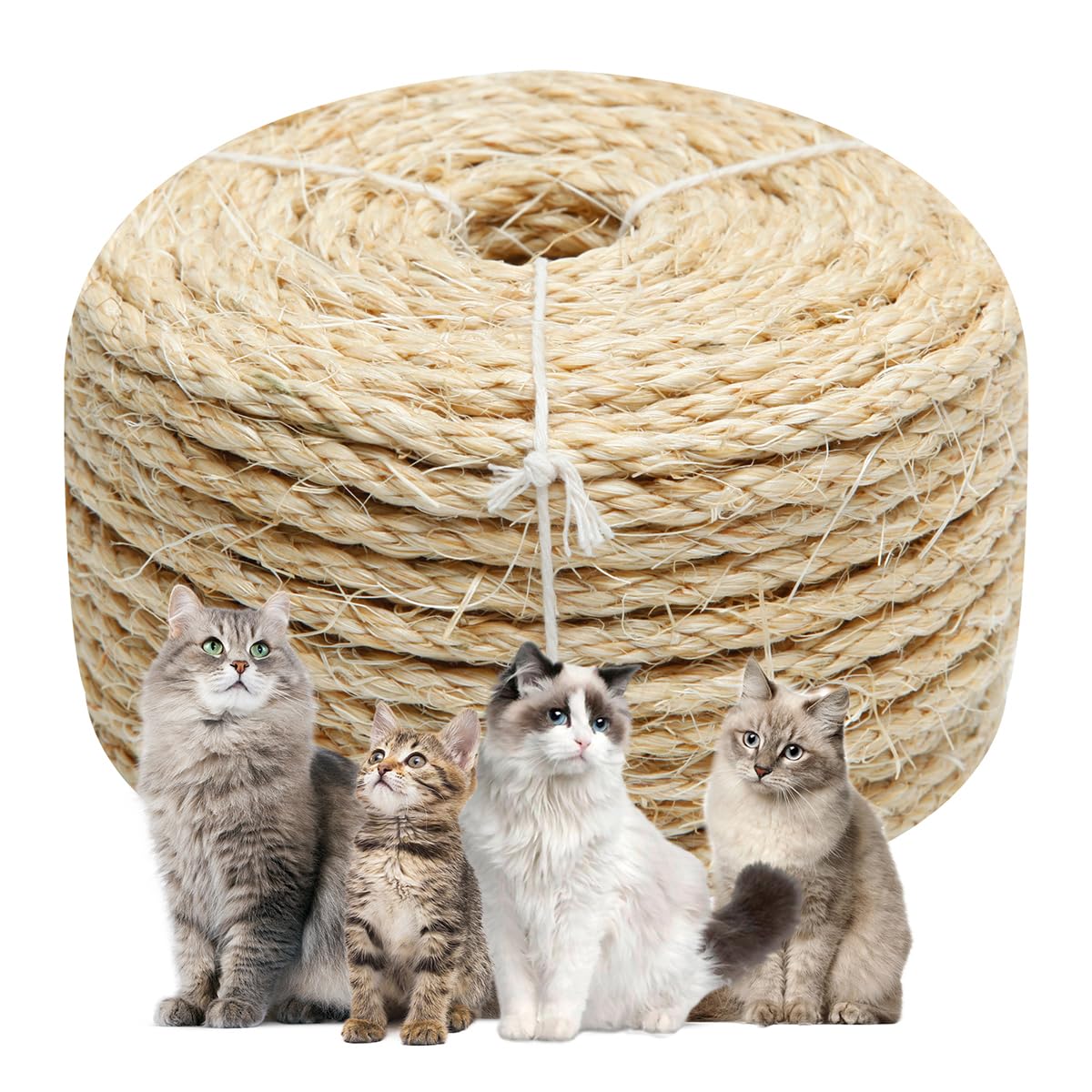 Natural Sisal Rope 1/4 Inch By 32-Feet For Cat Scratching Post Tree Tower Replacement Repair And Replace, Diy Hemp Twine Rope Fo