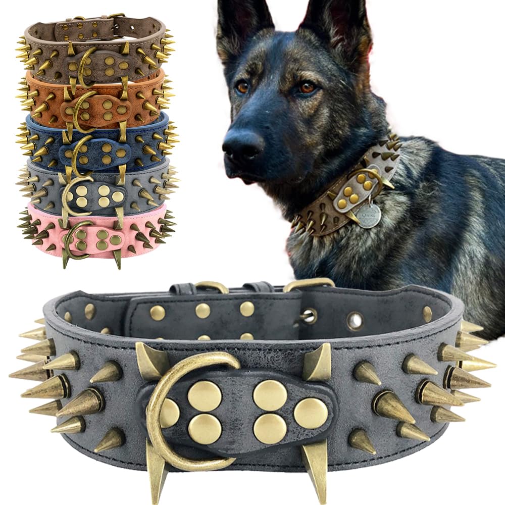 The Mighty Large Spiked Studded Dog Collar - Protect Your Dog'S Neck From Bites, Durable & Stylish, For Large Dogs (Brown L)