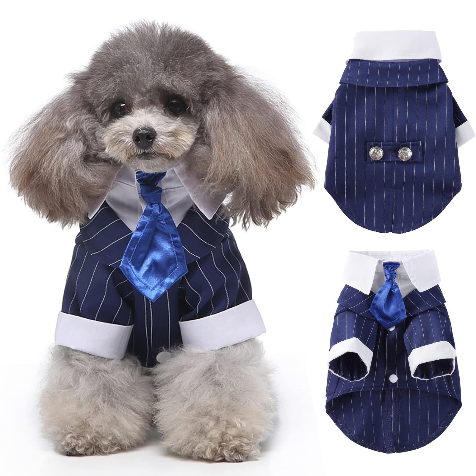 Dentrun Navy Blue Dog Tuxedo - Formal Pinstripe Pet Suit Shirt With Satin Tie, Elegant Wedding Outfit Birthday Party Attire For 