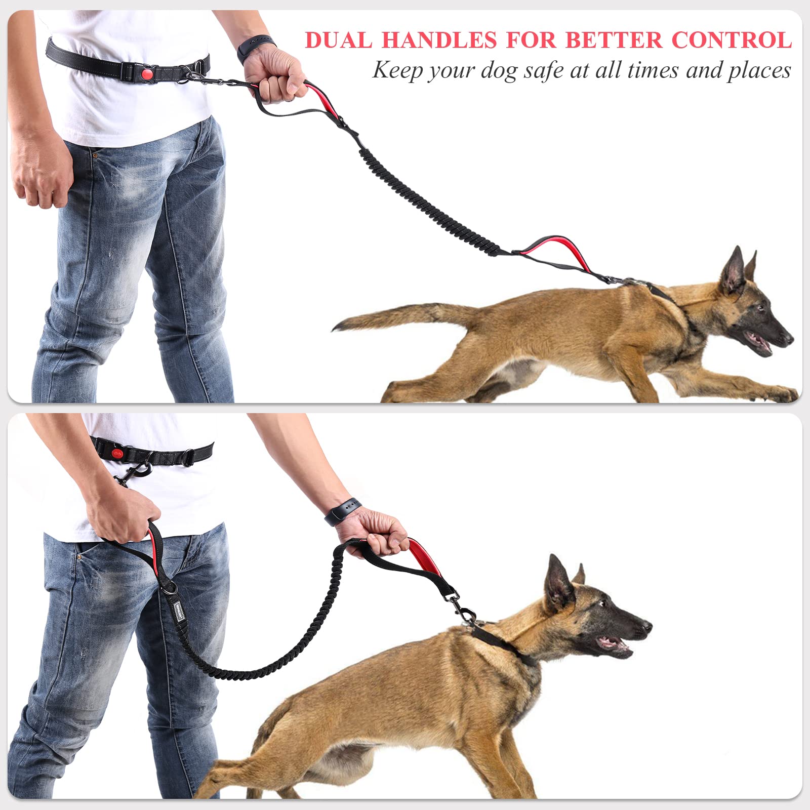 Vivaglory Hands Free Dog Leash With Shock-Absorbing Bungee For Medium & Large Dogs, Reflective Adjustable Waist Leash With Dual Padded Handle For Walking, Jogging, Running, Hiking, Black-Red