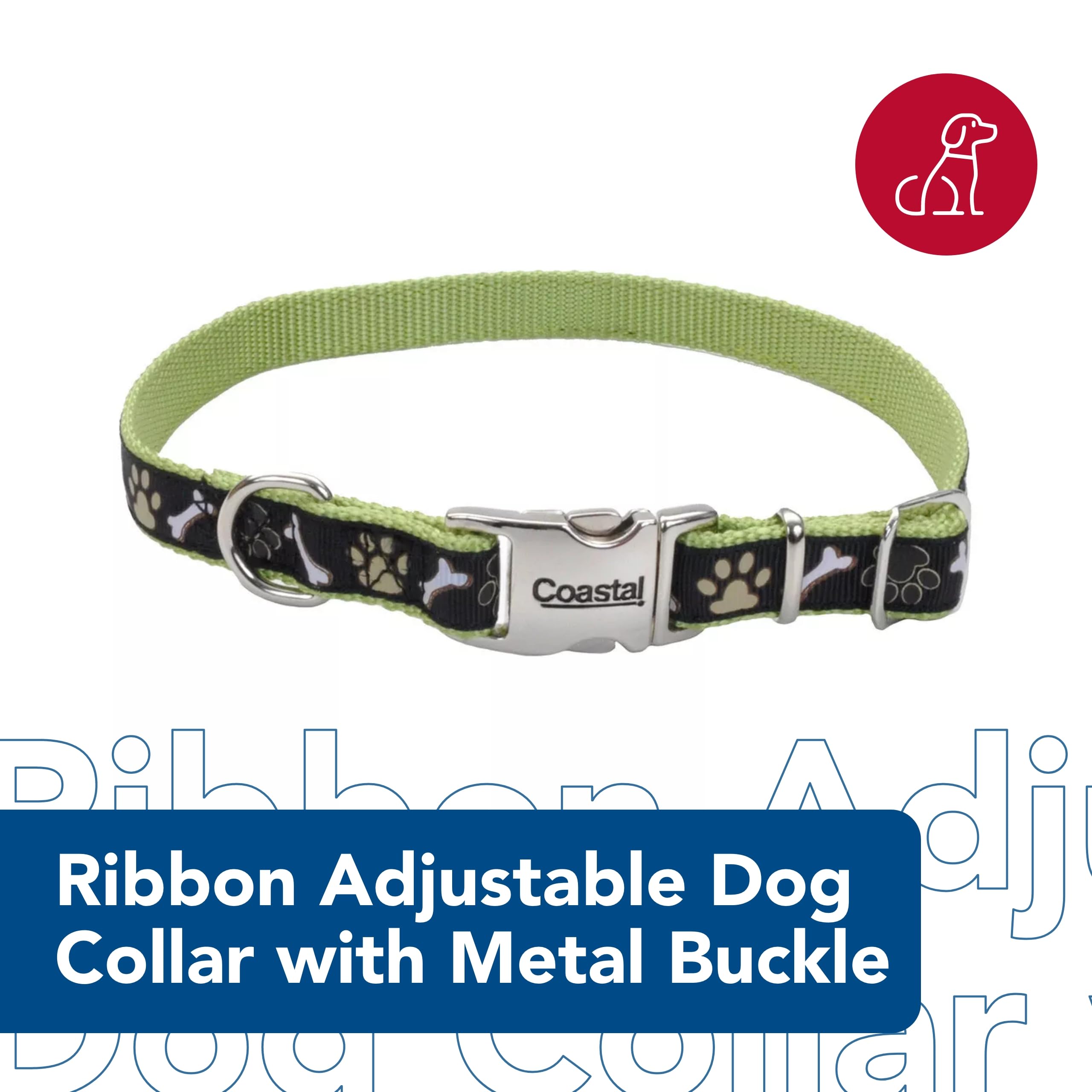 Coastal Pet - Ribbon - Adjustable Dog Collar With Metal Buckle, Brown Paws And Bones, 1' X 18'-26'