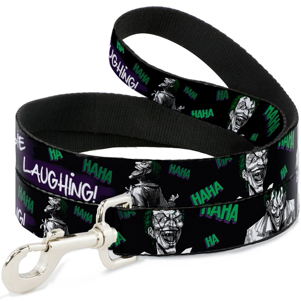 Dc Comics Pet Leash, Dog Leash, Joker Die Laughing Haha Black Purple Green, 6 Feet Long 1.5 Inch Wide