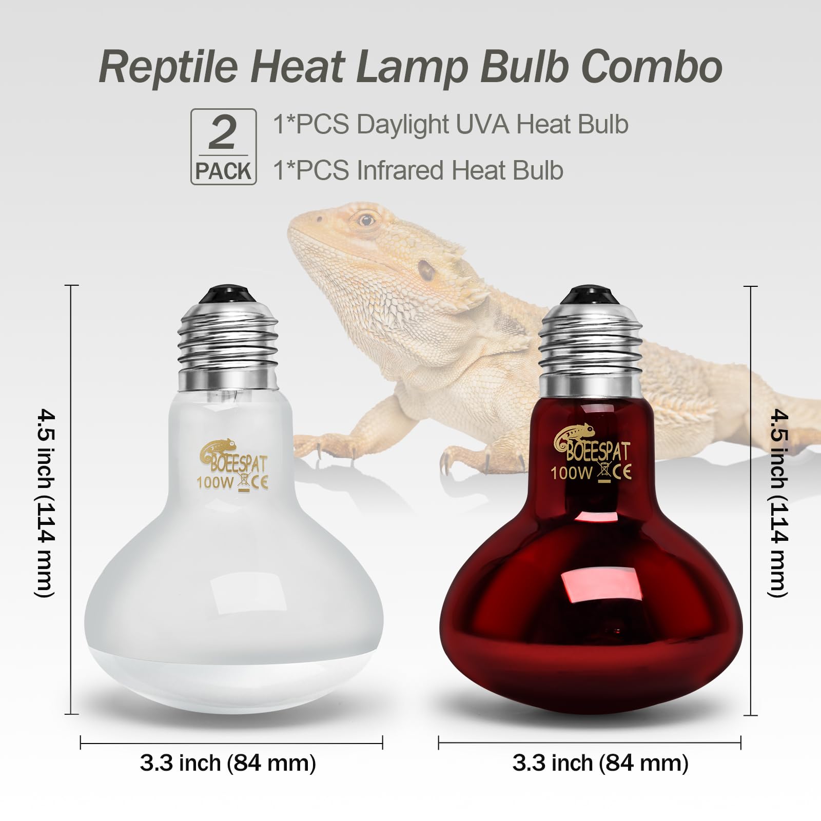 BOEESPAT 100W Daylight Basking Light Bulb & Infrared Heat Lamp Bulb for Amphibians Reptiles Bearded Dragon, Turtle, Lizard, Snak