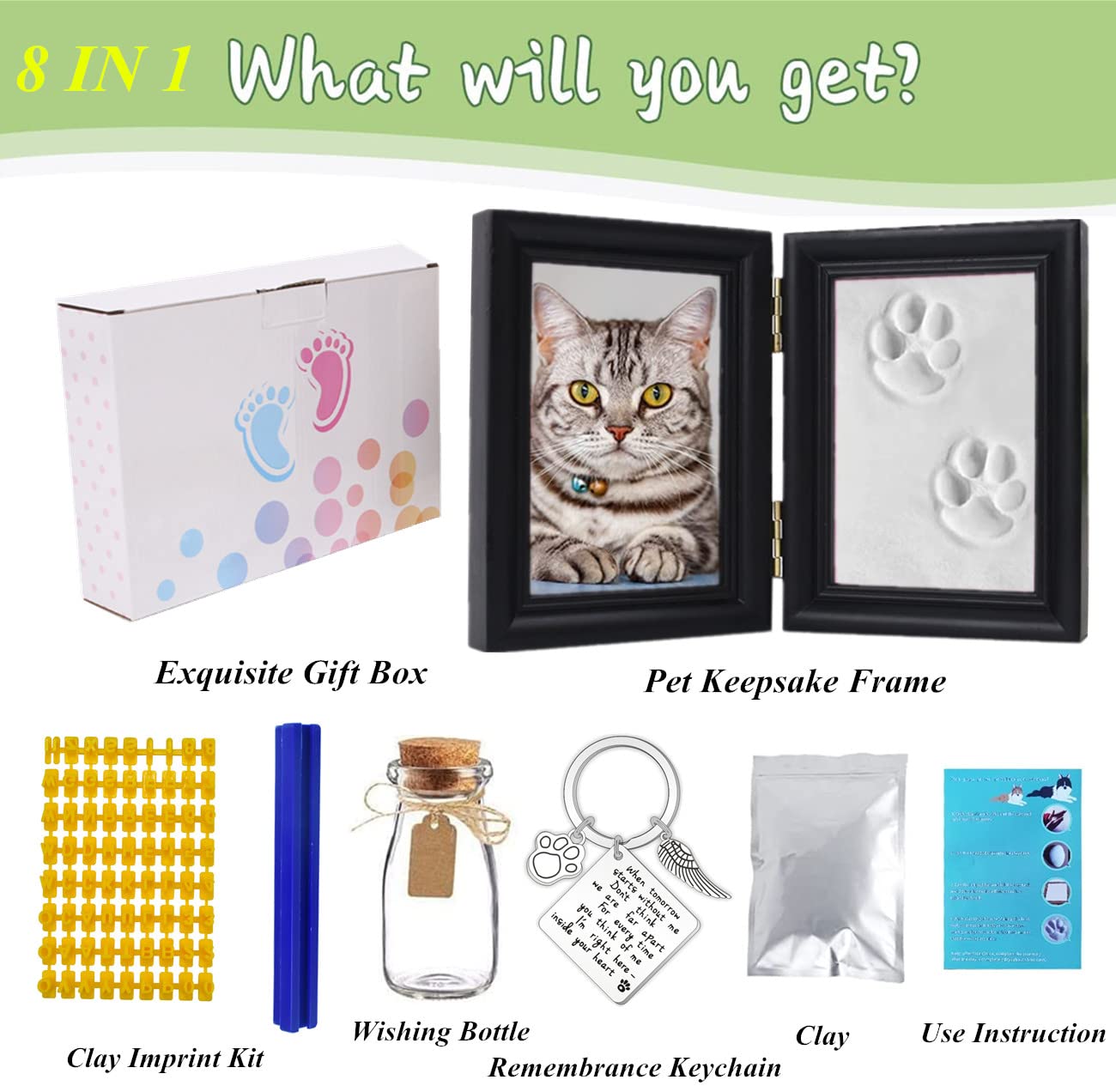 Aprllolg Pet Paw Print Keepsake Kit,Dog Memorial Photo Frame Dog Memorial Gifts For Paw Print Frame For Dog Cat,Personalized Gift For Pet Lovers And Memorials,Clay Imprint Kit,Wishing Bottle,Keychain