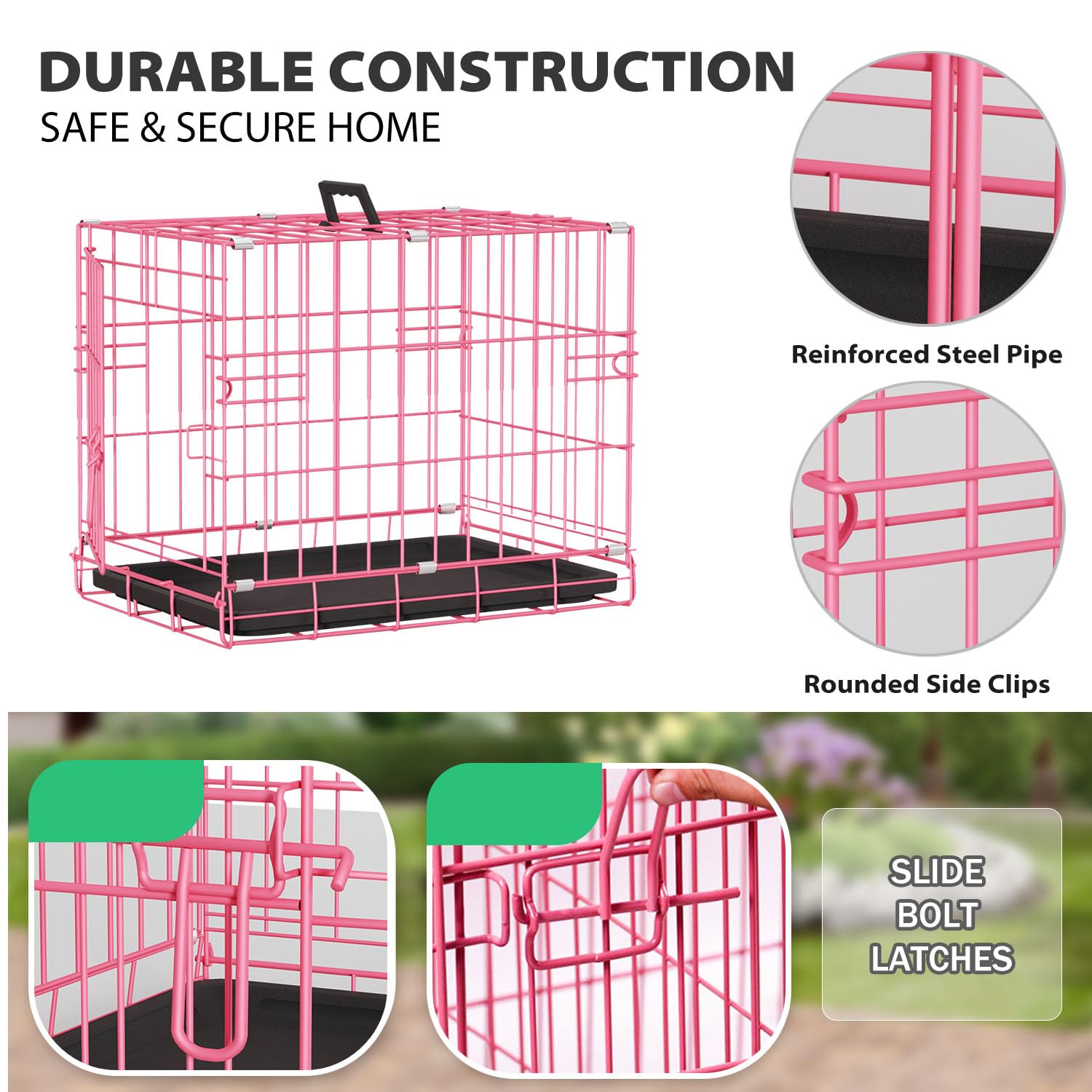 BestPet | Dog Crate | 18 | Pink | Foldable Metal Kennel with Single Doors, Secure Slide-Bolt Latches, Leakproof Tray | Portable
