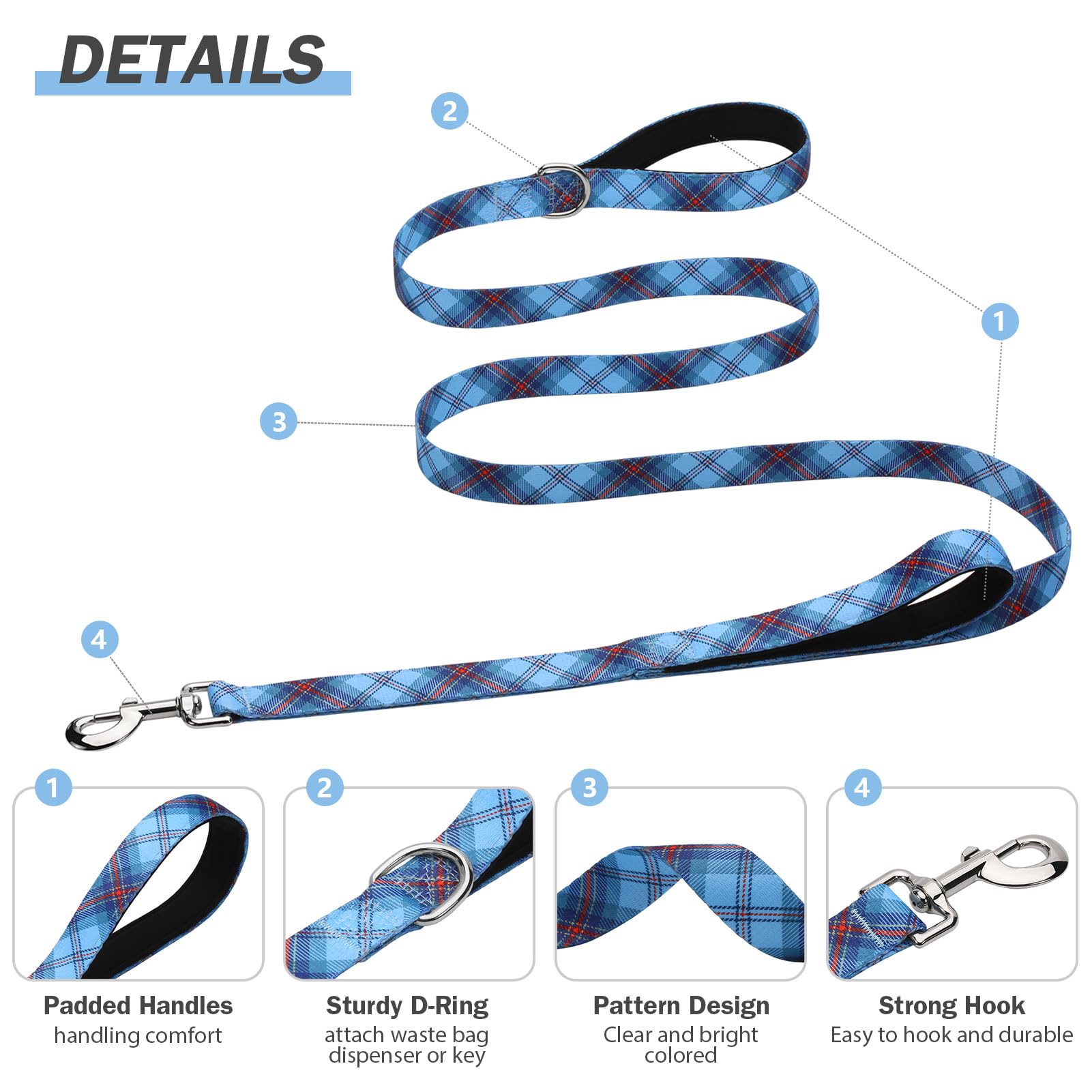 Hikiko 6 Ft Dog Leash, Padded Double Handle Leashes For Medium Large Dogs, Soft Traffic Handles Lead For Walking (Blue Plaid)