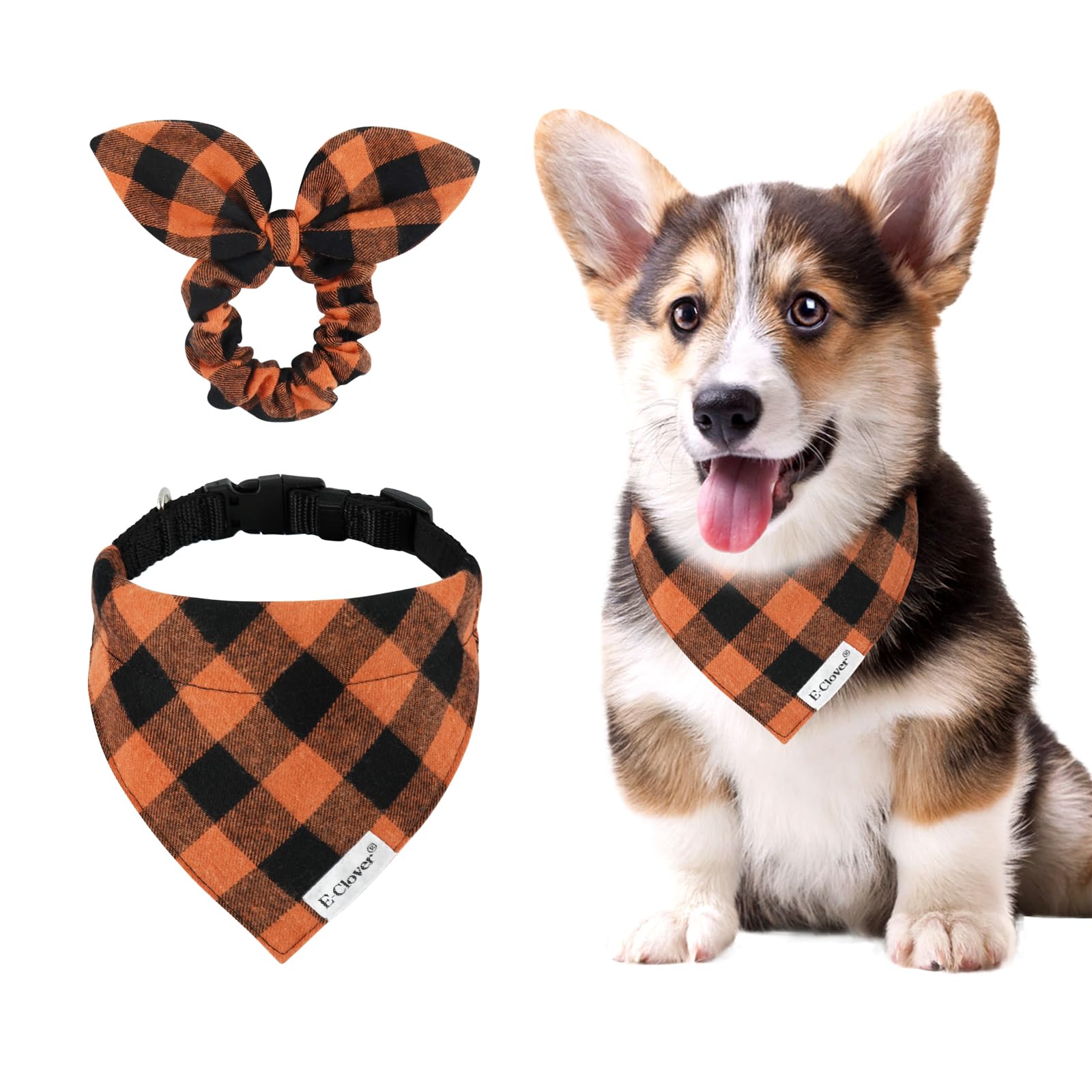 E-Clover Fall Dog Collar-Plaid Dog Collar Bandana & Matching Scrunchie Adjustable Dog Collars For Xs Small Dogs Puppy Owner Gift