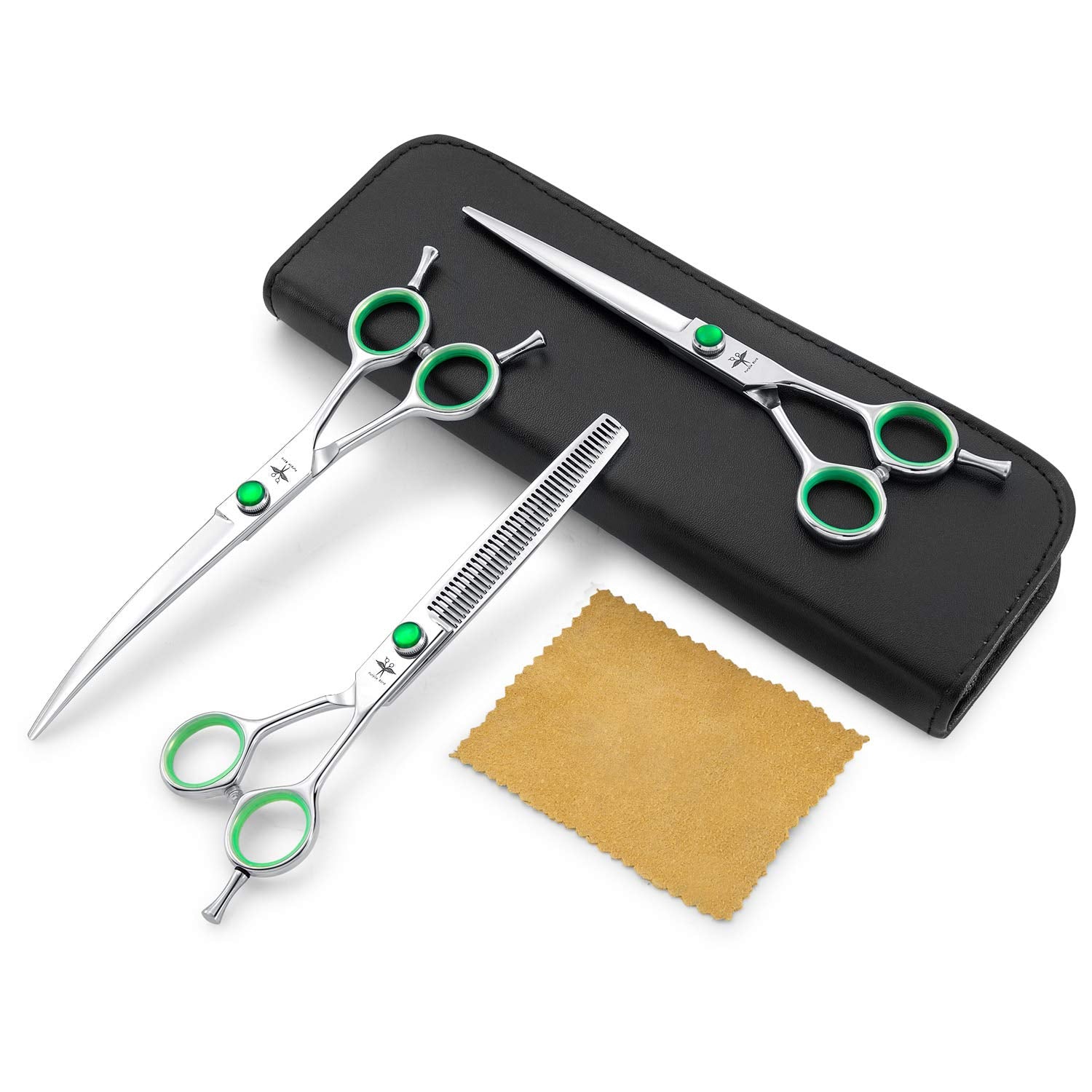 Purplebird 7 Inch Straight, Downward Curved Dog Grooming Scissors Set Professional Pet Cutting, Thinning Texturizing Shears Safety Blunt Tip Trimming Shearing Dog Cat Japanese Stainless Steel Silver