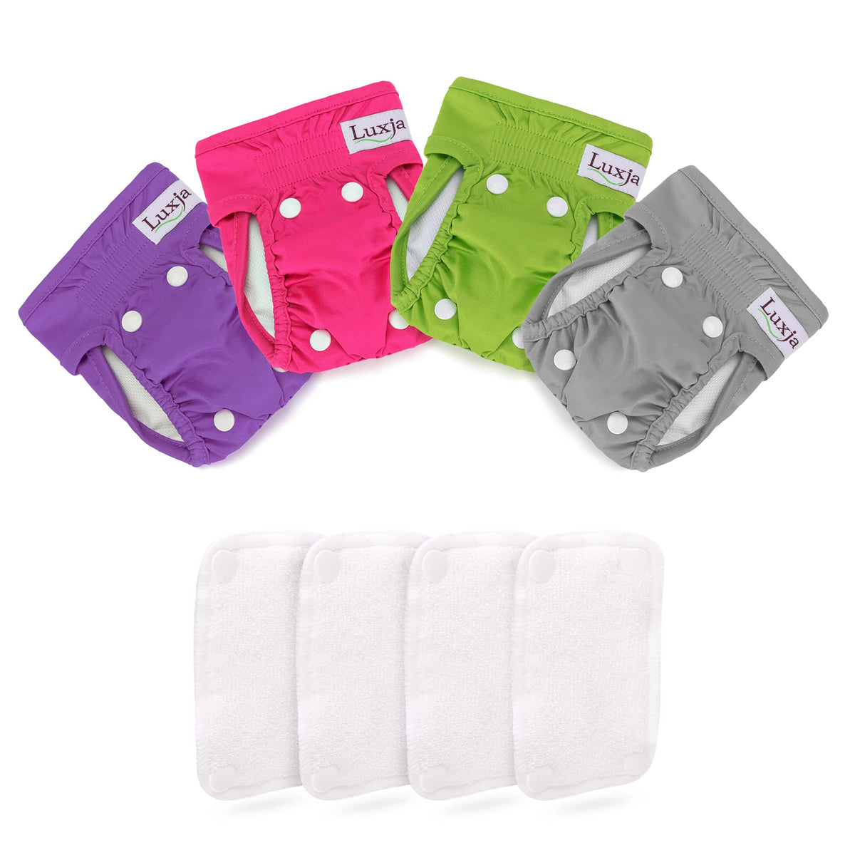 Luxja Reusable Female Dog Diapers With Extra Detachable Diaper Pads (Pack Of 4), Washable Wraps For Female Dog (Gray + Green + Purple + Rose Red), S