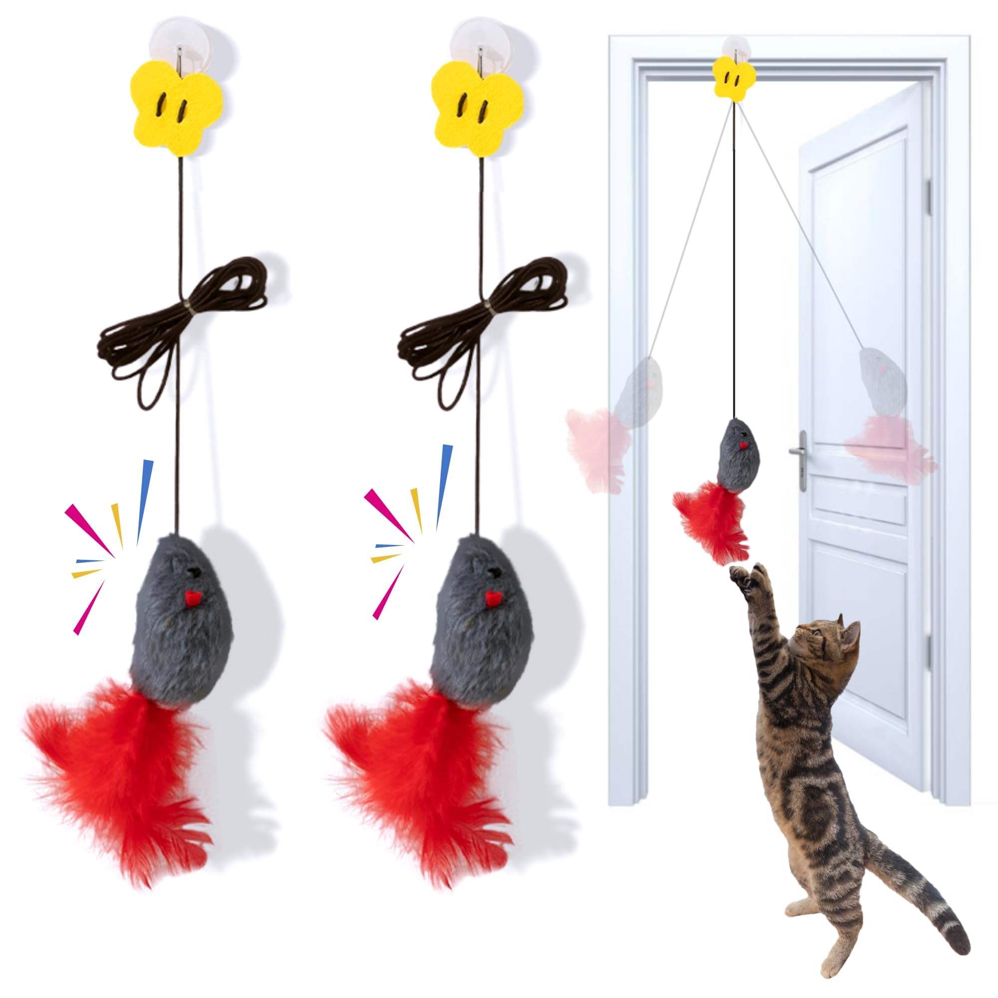 Cat Toy, 2 Pack Cat Mouse Toy With Squeaky Sound Door Hanging Interactive Cat Toy, Realistic Size Mice With Randomly Colored Fea