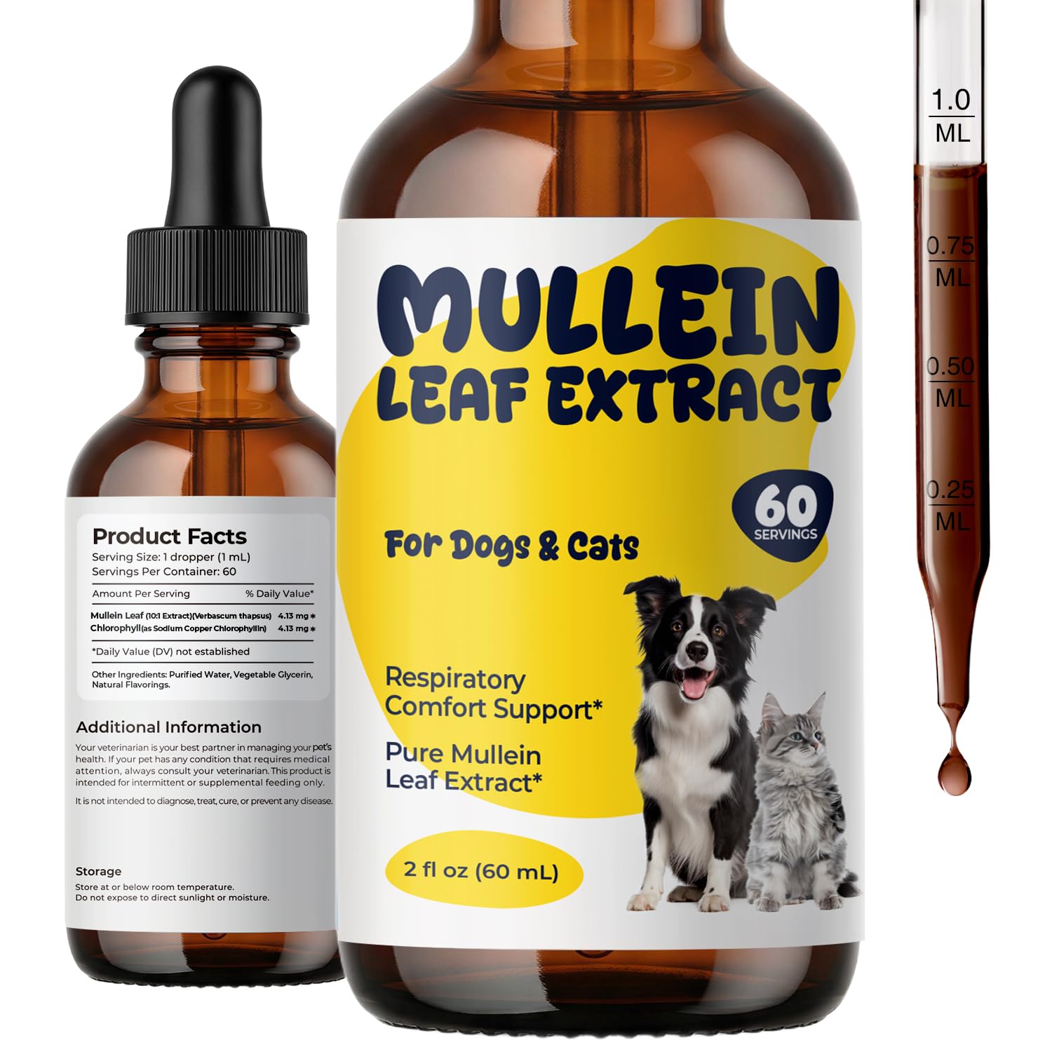 Mullein Drops for Dogs & Cats, Mullein Leaf Extract Liquid with Chlorophyll, Respiratory Comfort & Breathing Support, Pet Cough 