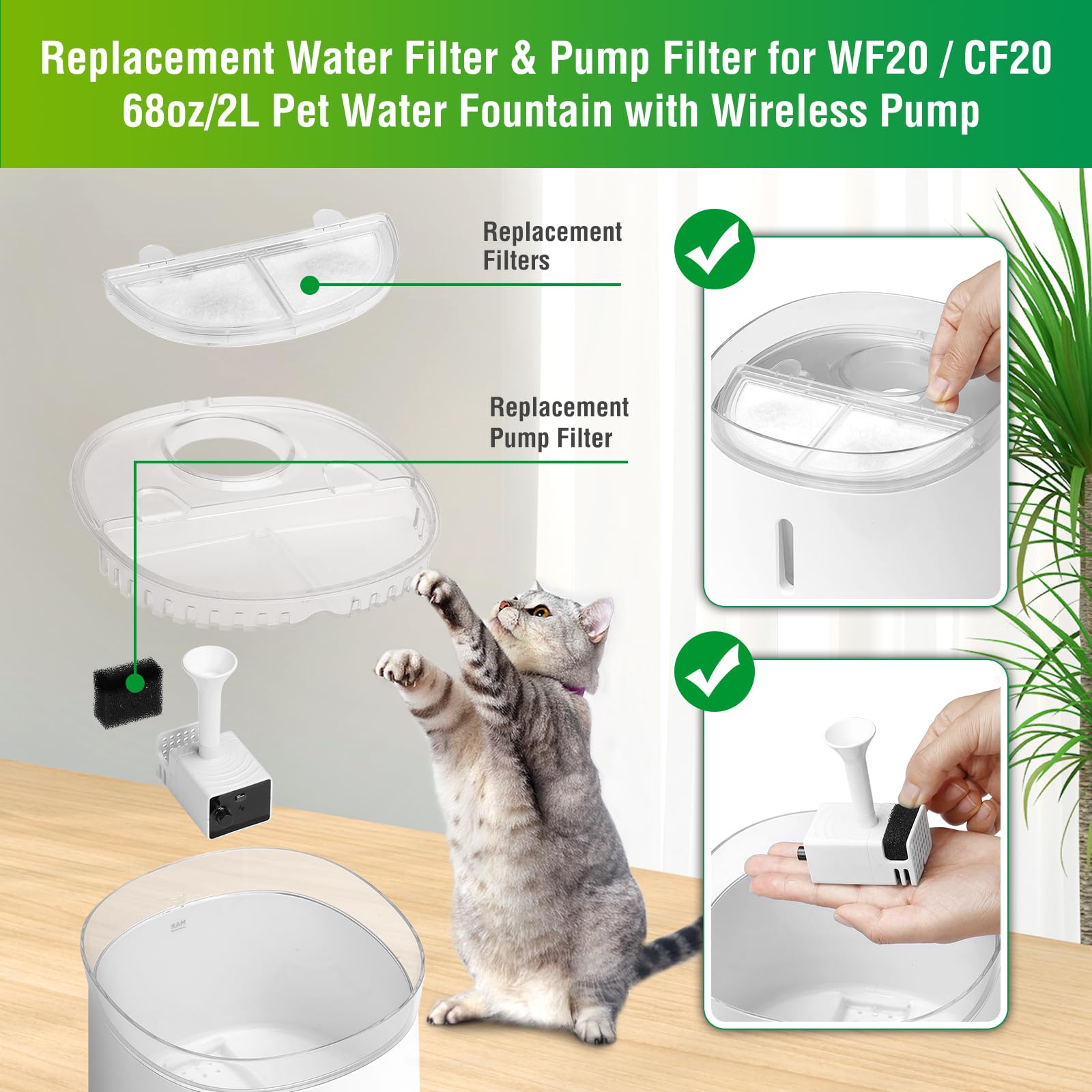 3 Pack Replacement Filters For Wf20/Cf20 Wireless Pump Cat Water Fountain, Zekiry Cat Water Fountain Filters, Triple Action Pet