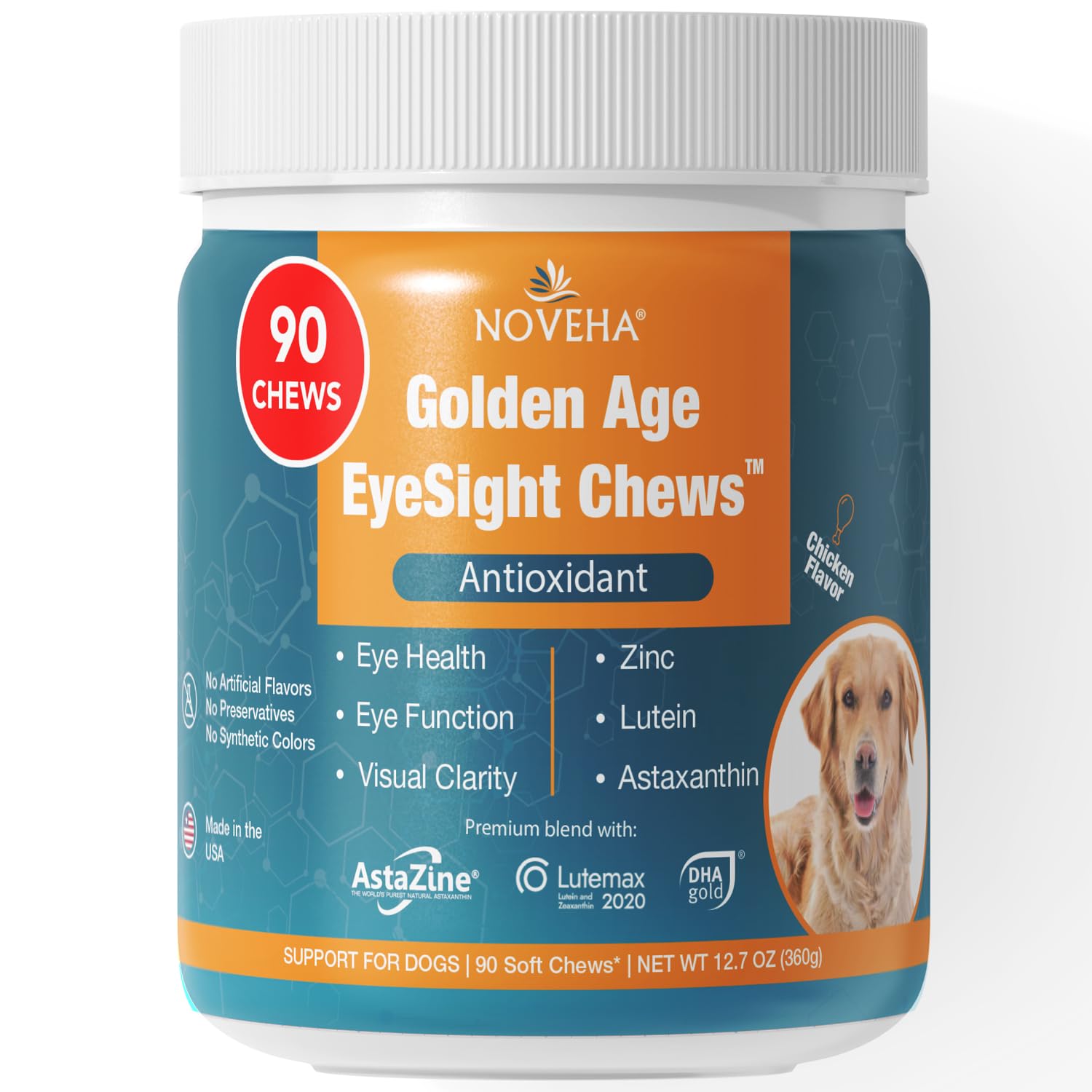 NOVEHA Eye Supplement for Dogs (90 Chews)- Vision Support with Lutein + Vitamin C & Astaxanthin Antioxidants - Dog Vitamins for 