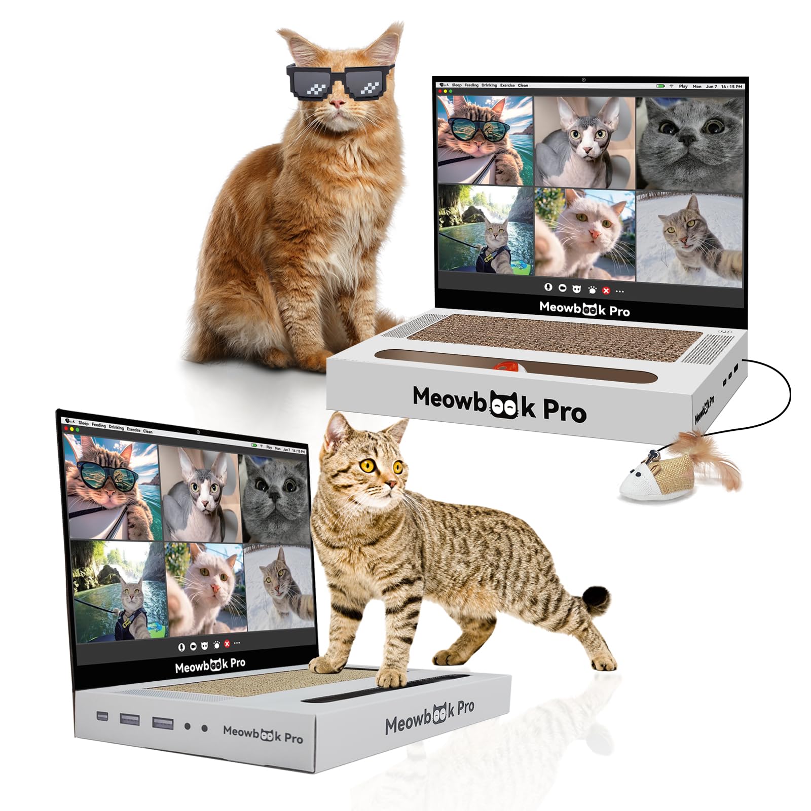 Aiweiluck 2Pcs Cat Scratcher Laptop With 'Mouse' Jingle Ball, Stickers, 3-In-1 Cardboard Cat Interactive Toy, Kitten Toy & Cat S