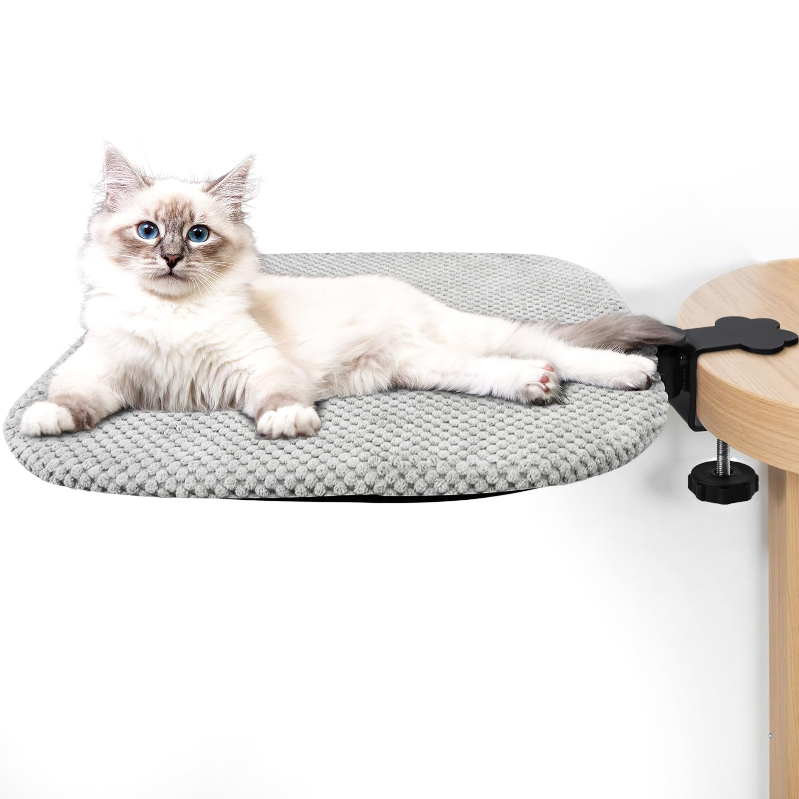 Cat Desk Bed-Sturdy Mounted Cat Hammock with Clamps, Soft Flannel Fabric, Supports Up to 44 lbs, Spacious Sleep Area Square Desk
