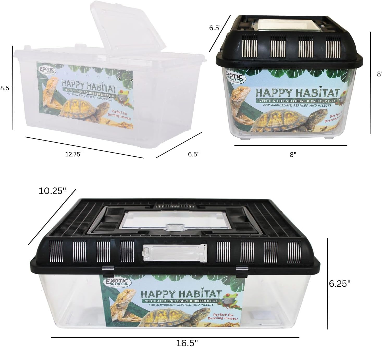 Happy Habitat (Medium - 2 Pack)- Ventilated Enclosure & Breeder Box - for Live Feeder Insects, Reptiles, Amphibians & Other Smal