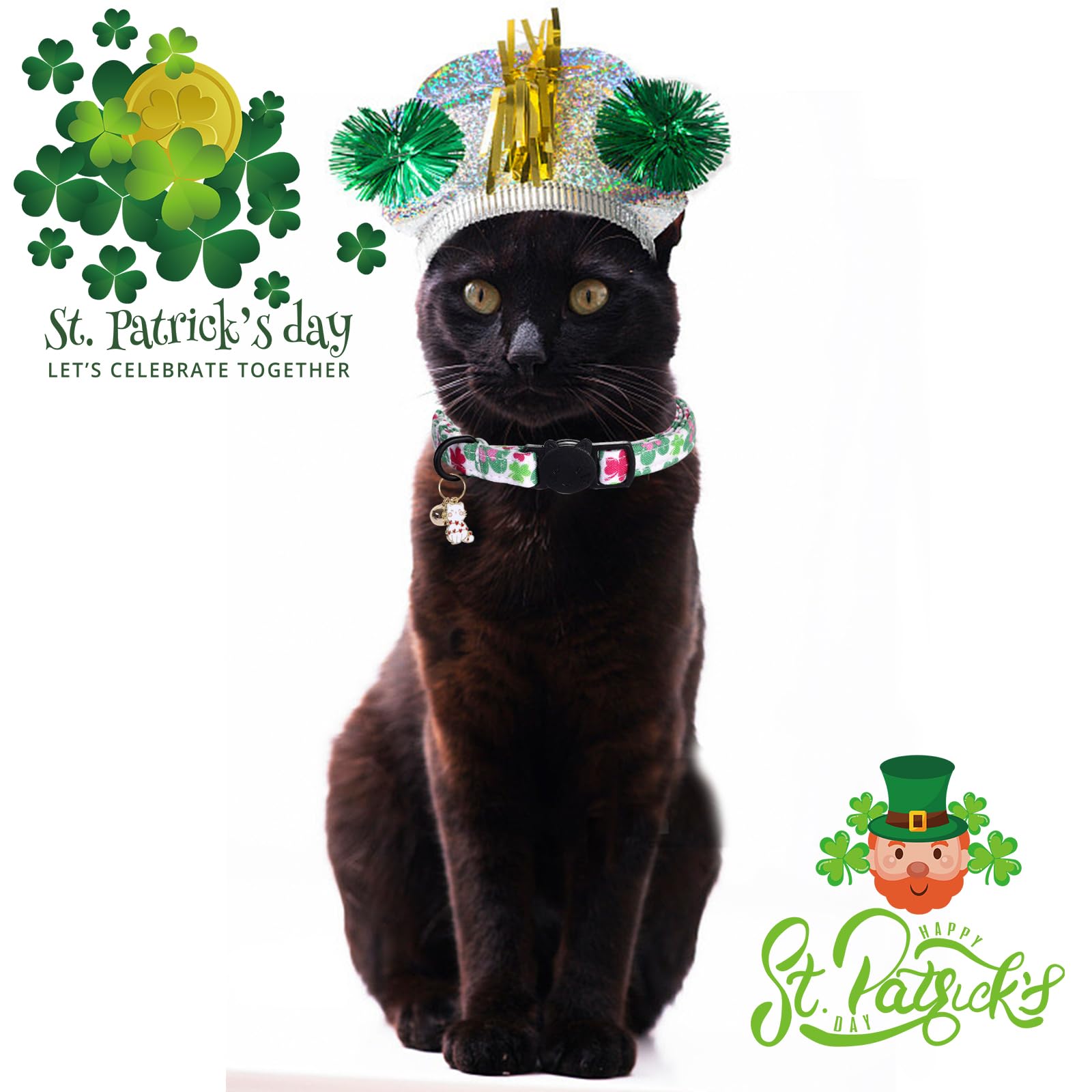 Elegant Little Tail St Patrick'S 2 Pack Cat Collar- Trefoil Print Cotton Breakaway Cat Collars With Bell Pendant Kitten For Boy