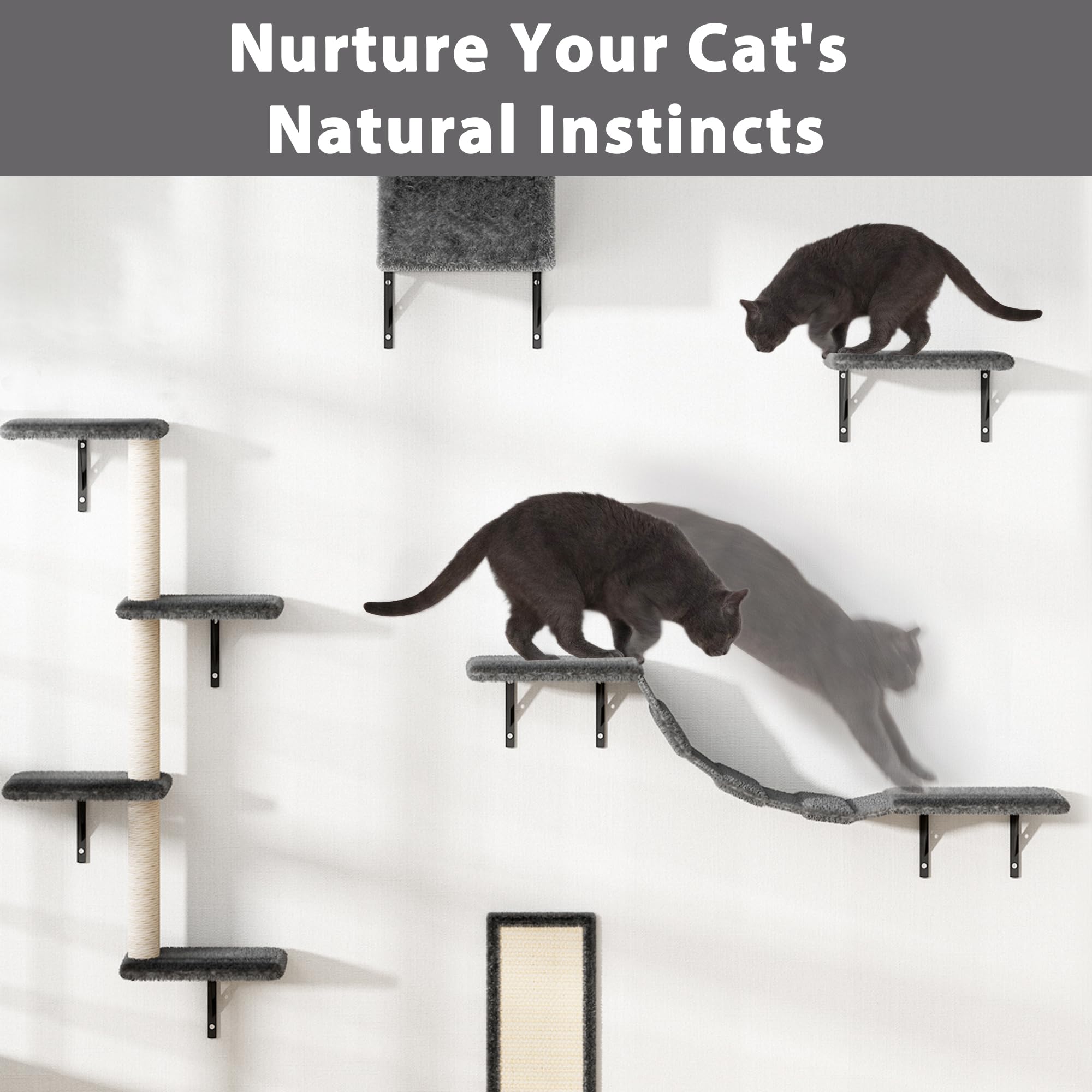 COZIWOW Cat Wall Shelves and Mounted Perches, Cat Climber Set with 5pcs Including Cat Scratching Post, Hanging Bed, House, Steps