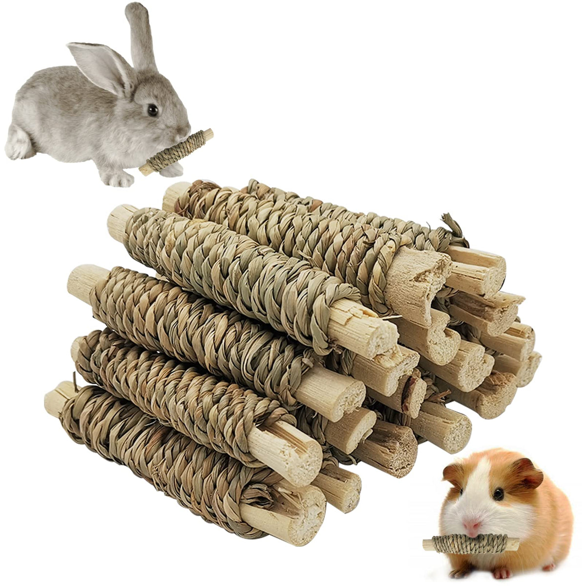 Fhiny 18 Pcs Guinea Pig Chew Toys, Natural Seagrass Sweet Bamboo Molar Sticks For Teeth Bunny Chew Toys Cage Accessories For Rab