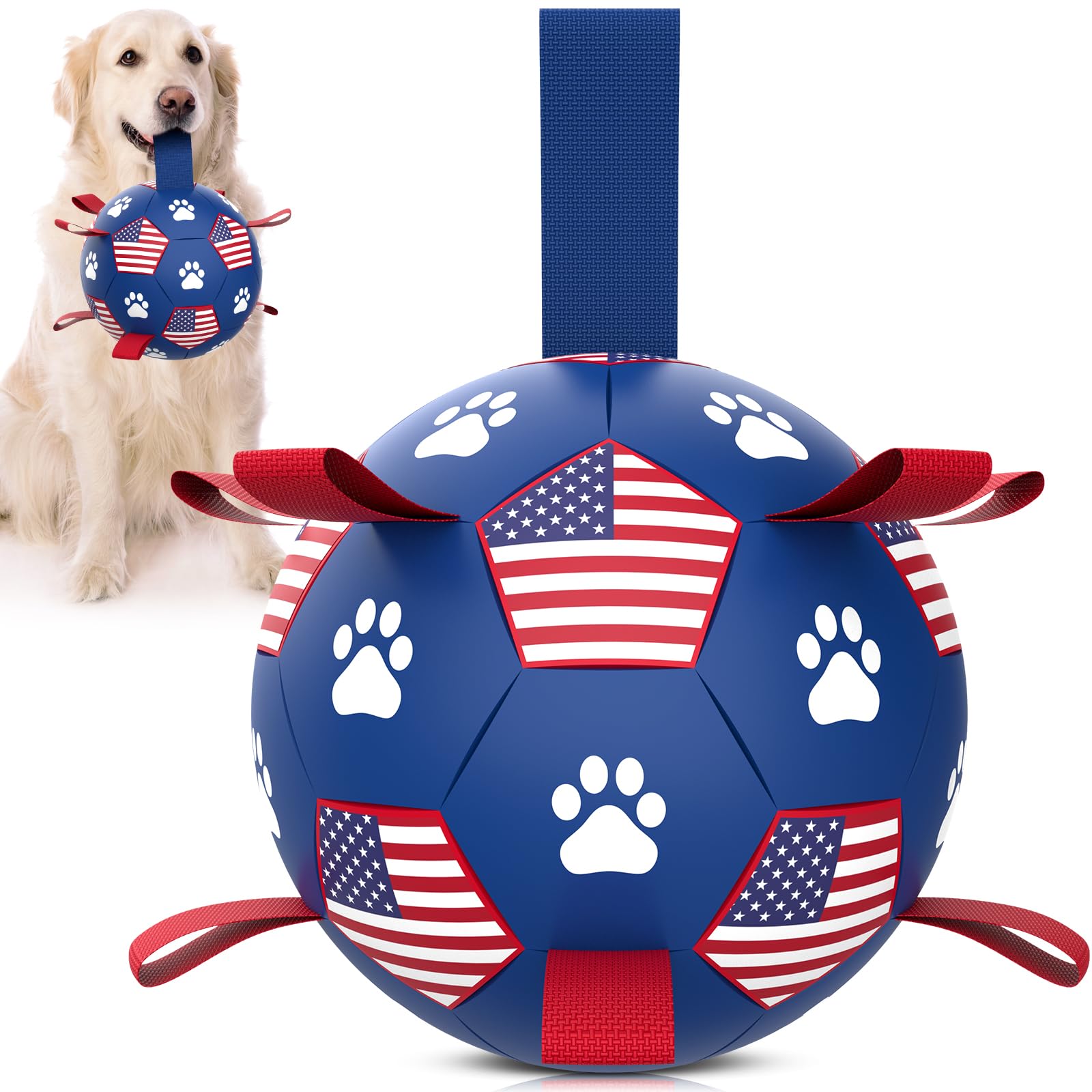 Qdan Dog Toys Soccer Ball With Straps - Durable Dog Balls For Large Dogs, Beach Pool Dog Water Toy, Dog Tug Toys For Tug Of War, Puppy Dog Birthday Gifts (8 Inch)