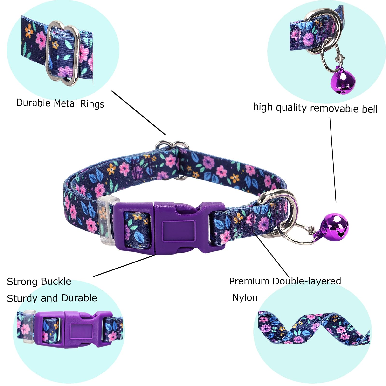 Purple Floral Small Dog Collar With Bell, Pretty Cute Flower Cat Collar Girl Puppy Collars With Bells For Xs Small Tiny Pet Fema