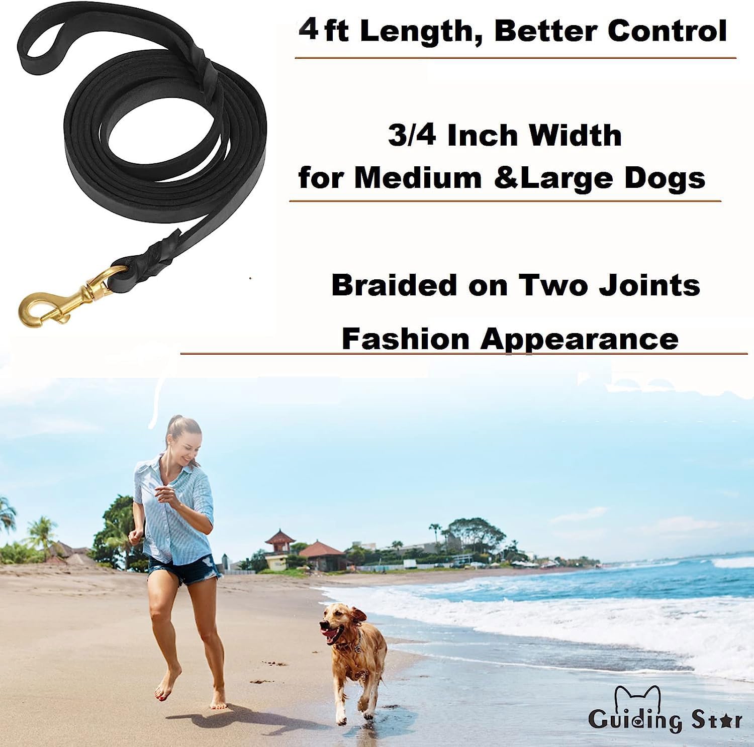Guiding Star Leather Dog Leash 4ft, Dog Leashes for Large Dogs Heavy Duty, Soft Braided Handmade Leather Training Leash for Larg