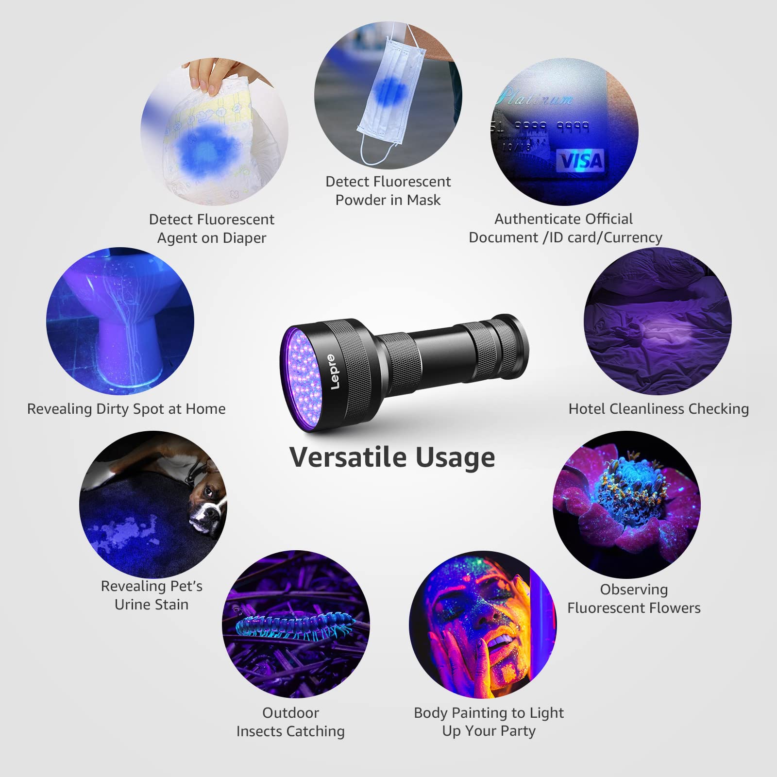 Lepro UV Flashlight Black Light, 51 LED UV Light Handheld Blacklight, 395nm Detector for Pet Urine, Stains, Bed Bug and Scorpion