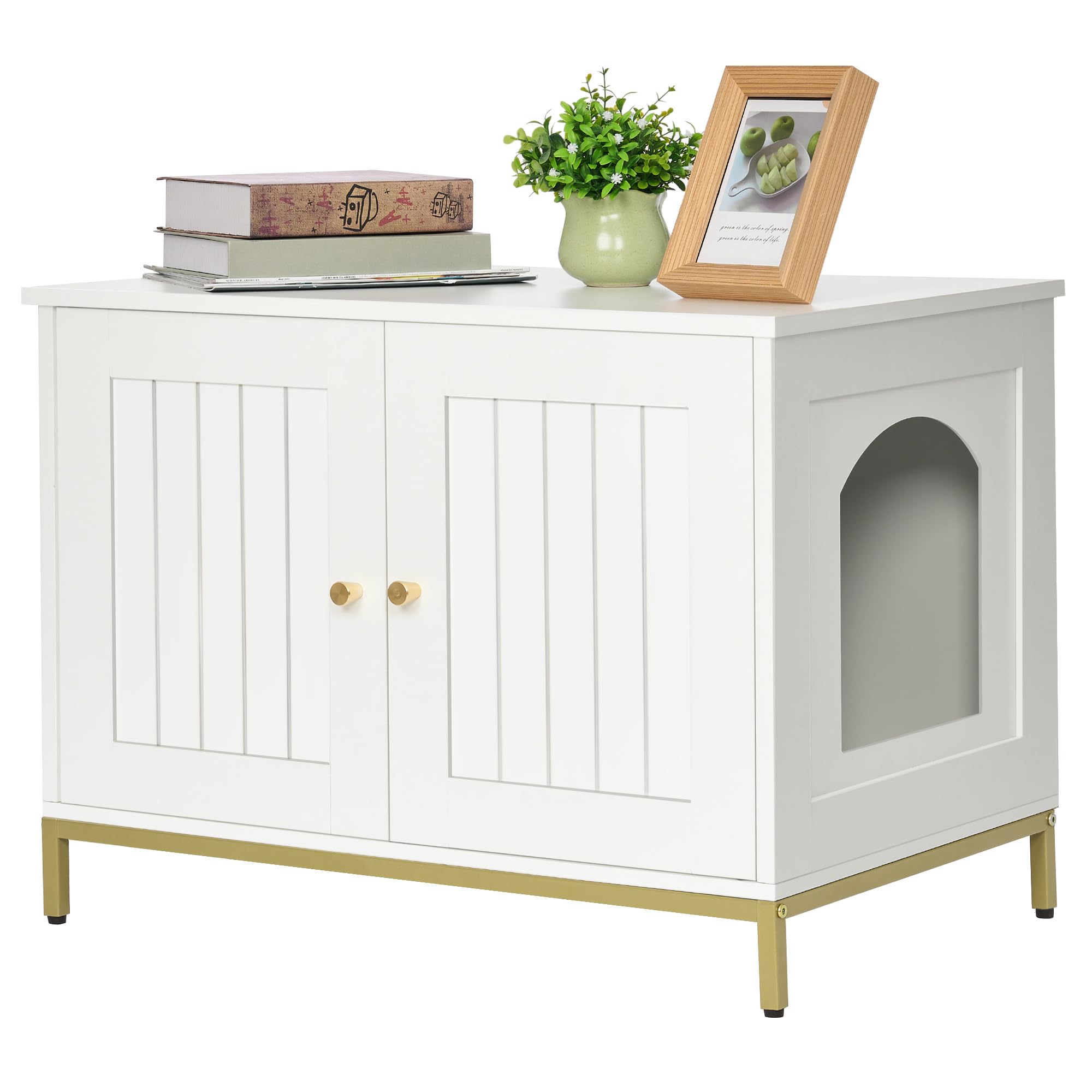 Homhedy Cat Litter Box Enclosure, Cat Washroom Furniture With Metal Frame, Pet House, Fit Most Of Litter Box, Modern Style, Whit