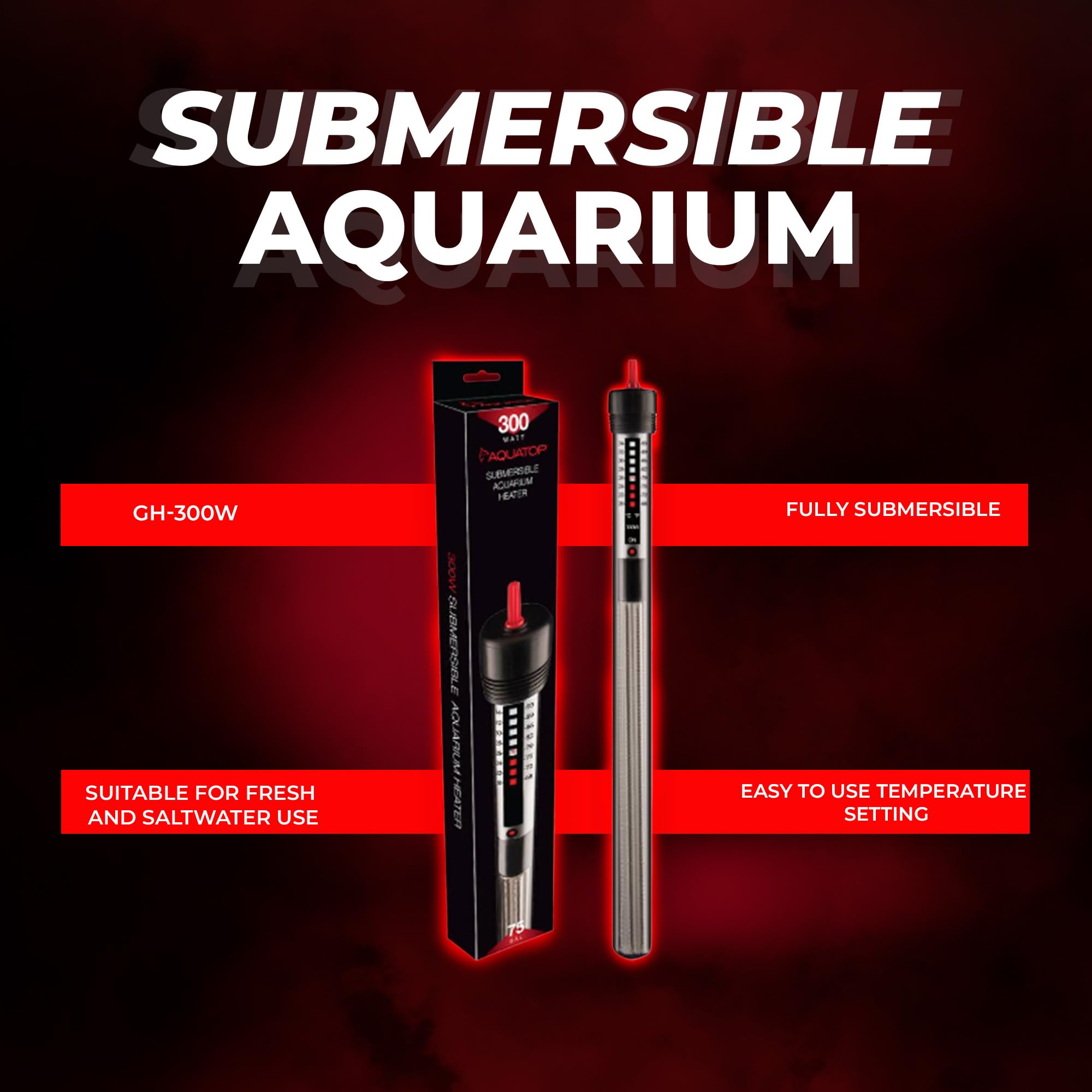 Aquatop 300W Titanium Heater With Anti-Overwind Knob – Adjustable Temperature – For 75 Gallons – 14.5' Height – For Freshwater & Saltwater Tanks