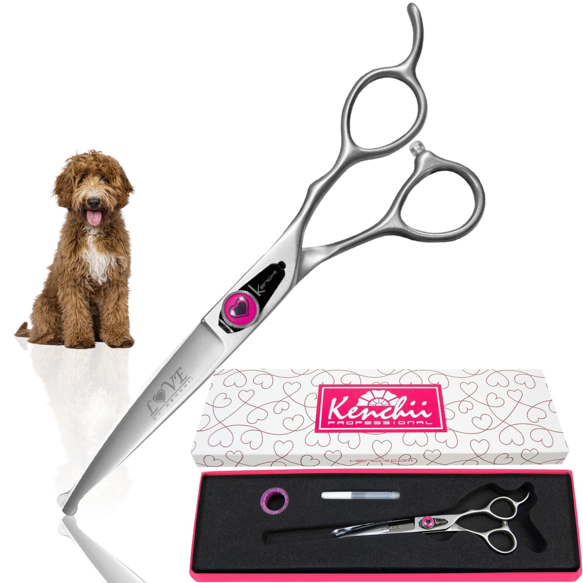 Kenchii Love Dog Grooming Scissors, 6.5 Inch Curved Balltip Shears, Dog Scissors For Grooming, Professional Pet Grooming Scissors, Safety Round Tip Shears