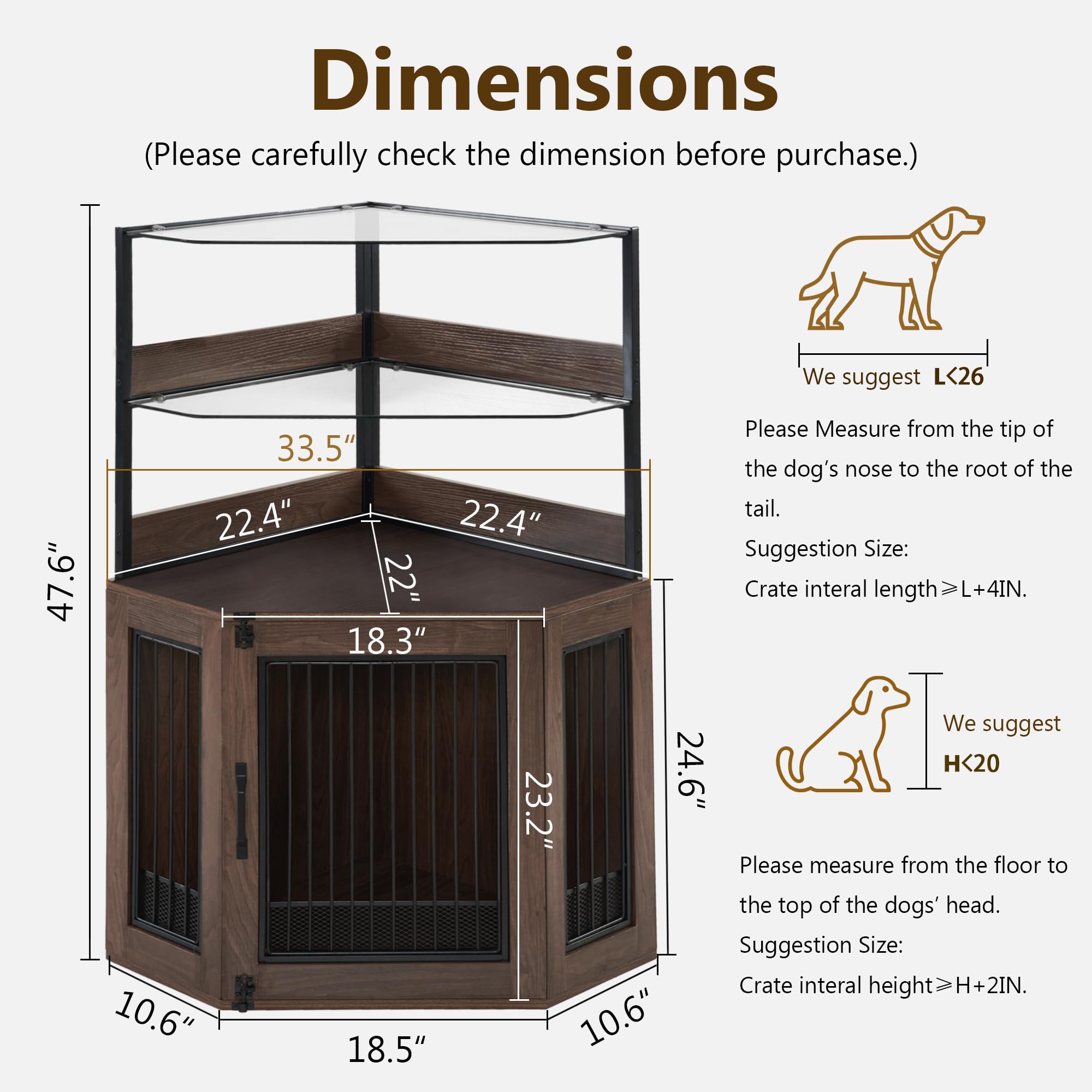 MCombo Small Corner Dog Crate Furniture with Glass Shelves, Wooden Dog Kennel Furniture with Door, Pet Crate Indoor Use, CN17 (B