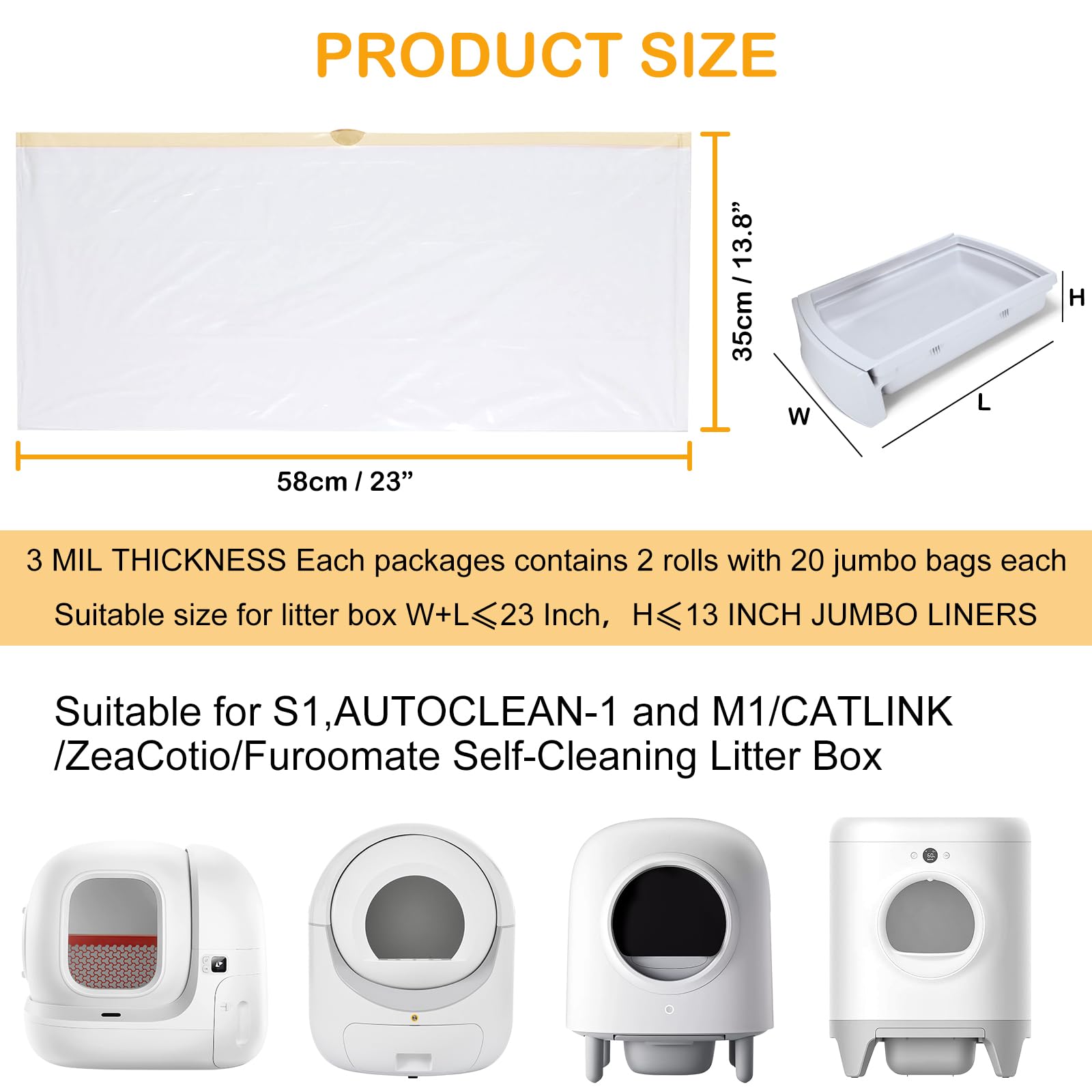 Elegx 80 Count Litter Box Liners, 3Mil Extra Thick Heavy Duty, Automatic Self Cleaning Litter Robot Cat Waste Bag, 22'' X 13'' C