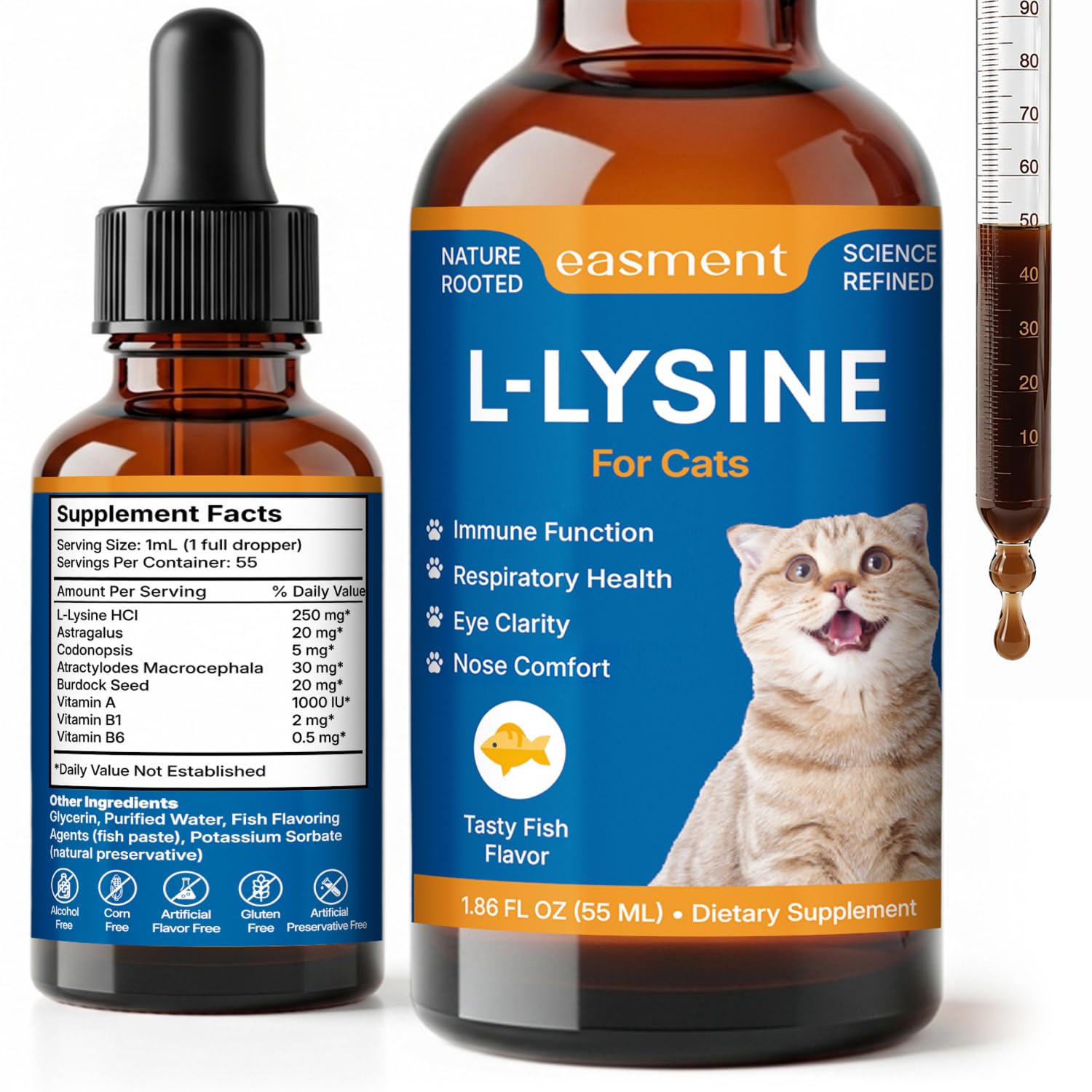 L-Lysine for Cats Liquid Drops Fish Flavor: Immune Support & Respiratory Wellness, Eye & Nose Comfort - Easy-to-Give Cat Lysine 
