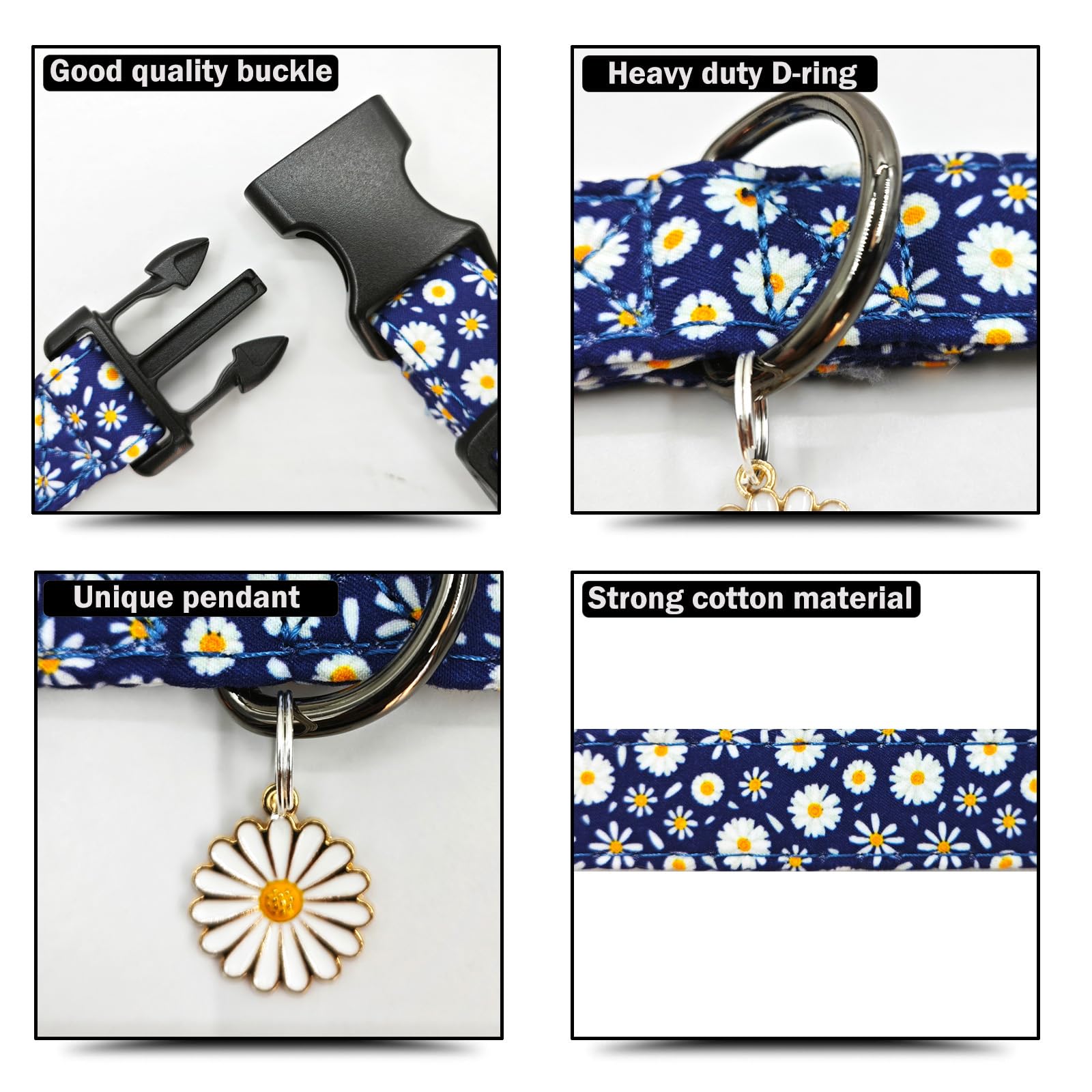 Flower Patterns Dog Collar With Accessories, Soft Cotton Dog Collars For Small Medium Large Female And Male Dogs(Bule Daisy S)