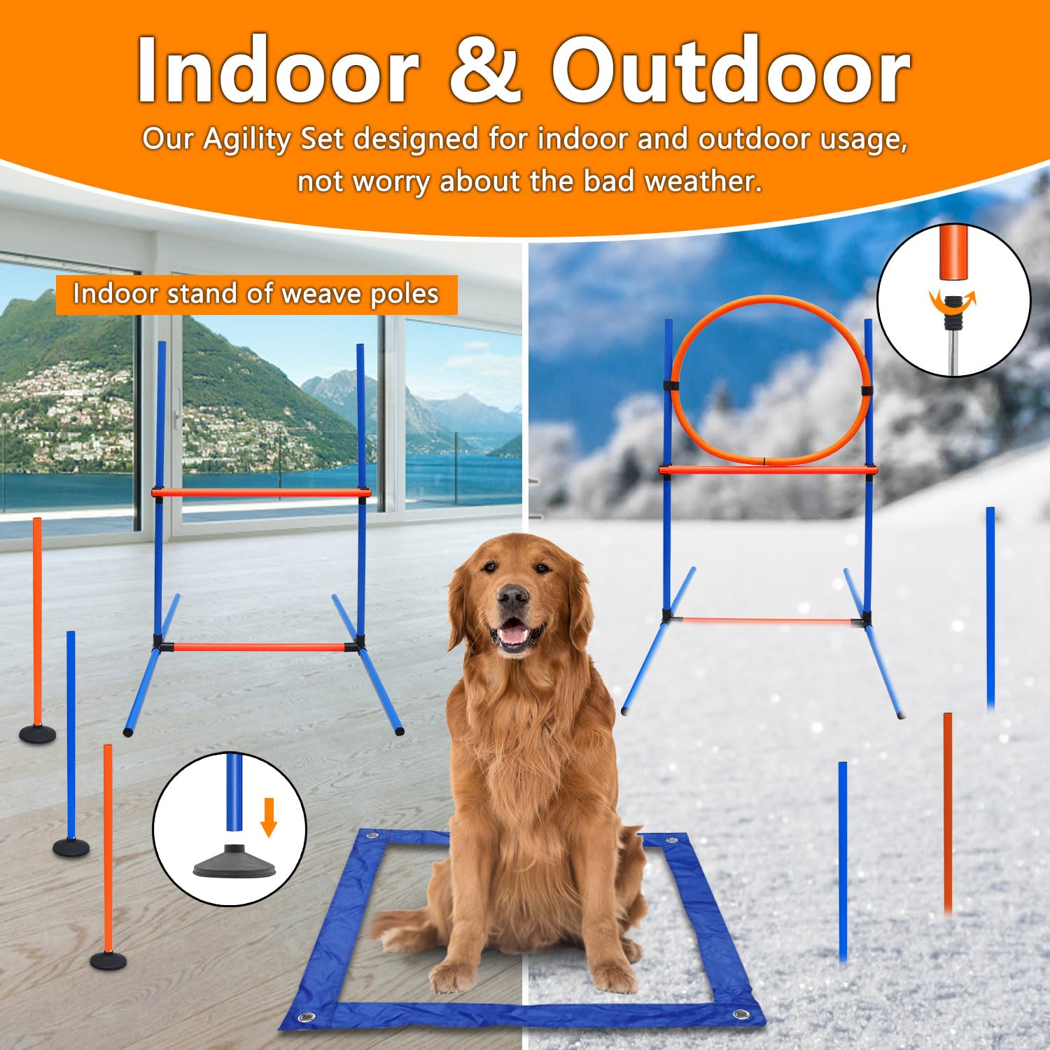 Dog Agility Training Equipment Set Outdoor Indoor Game, Tire Jump + Hurdle Jump, Tunnel, Weave Poles, Pause Box, 2 Toy Balls, 2