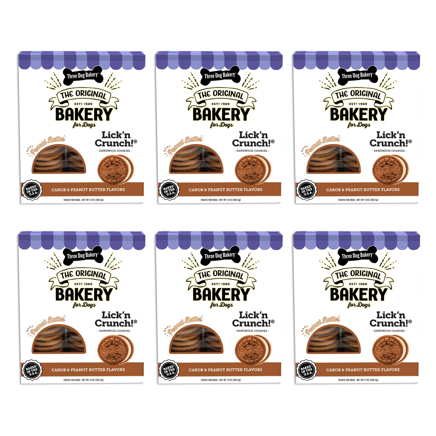 Three Dog Bakery Lickn Crunch Baked Dog Treats, Carob and Peanut Butter Flavor, 13 Ounce Box, 6-Pack (114059)
