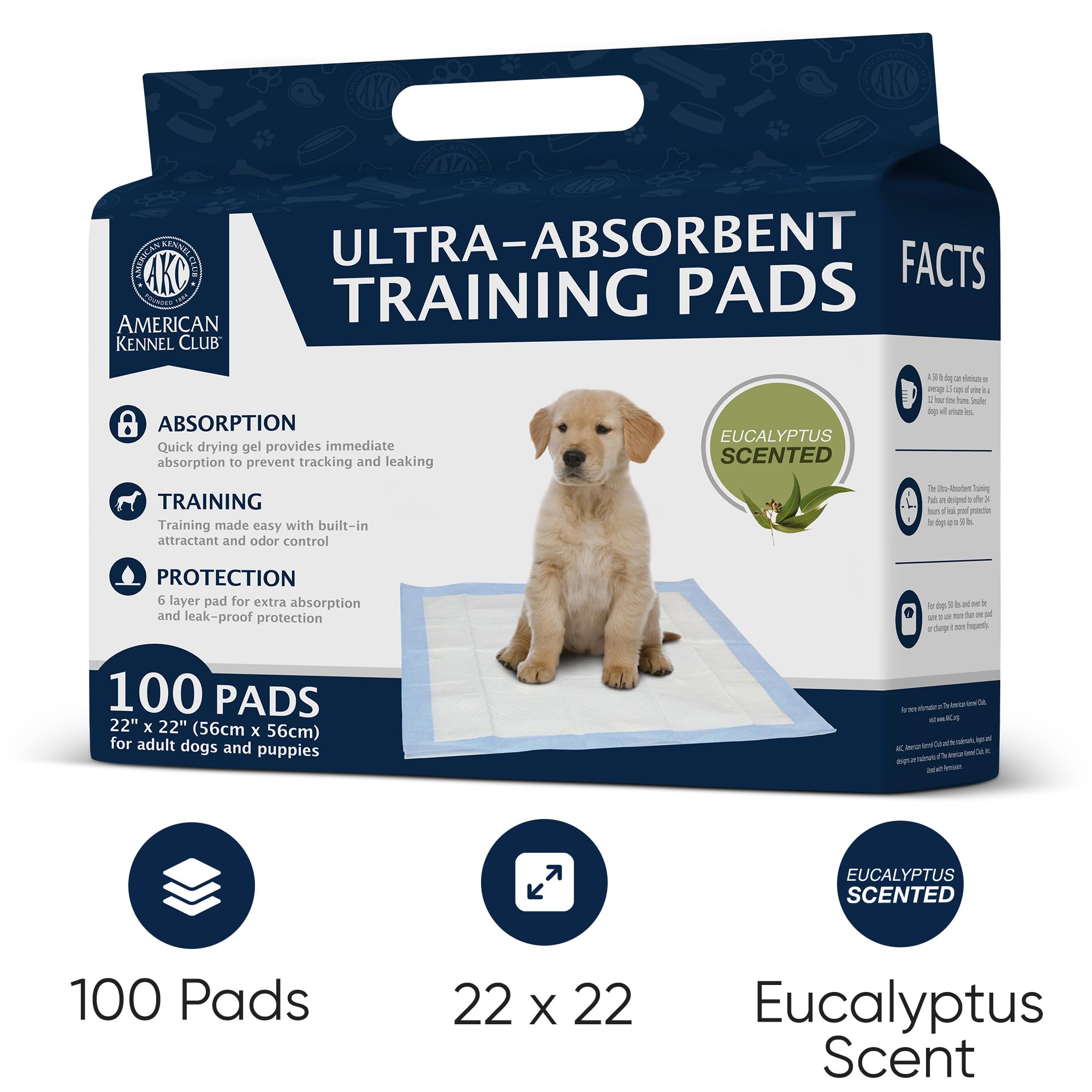 AMERICAN KENNEL CLUB AKC62975 6-Layer Leak-proof Puppy Training Pads - 22x22 Inches, Green, Synthetic, Disposable-Pet-Training-P