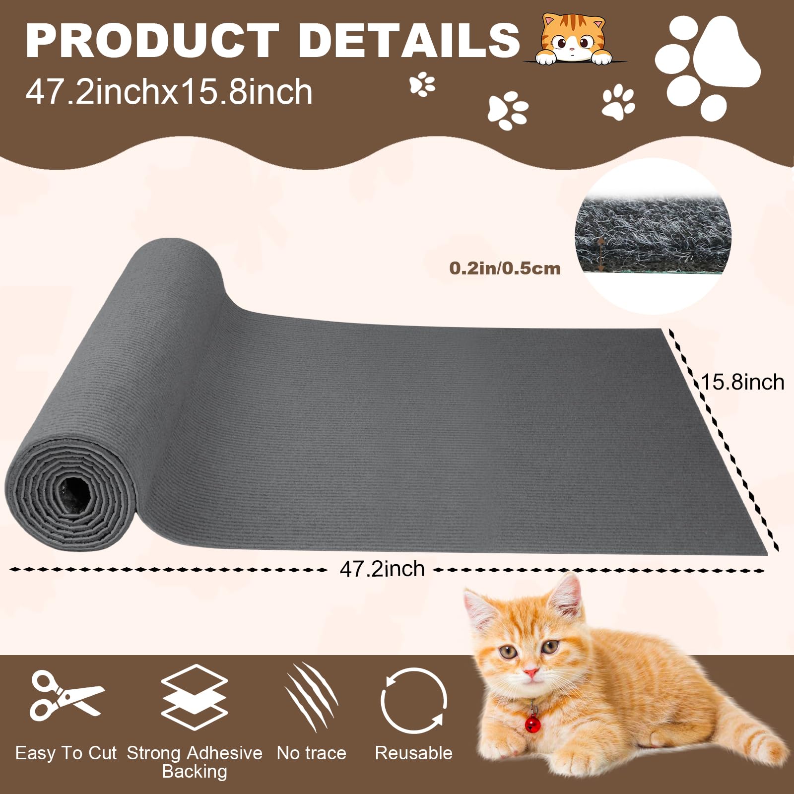Cat Scratch Furniture Protector, 47.2Inx15.8In Cat Scratching Mat, Trimmable Self-Adhesive Cats Claws Scratch Pads, Climbing Scr