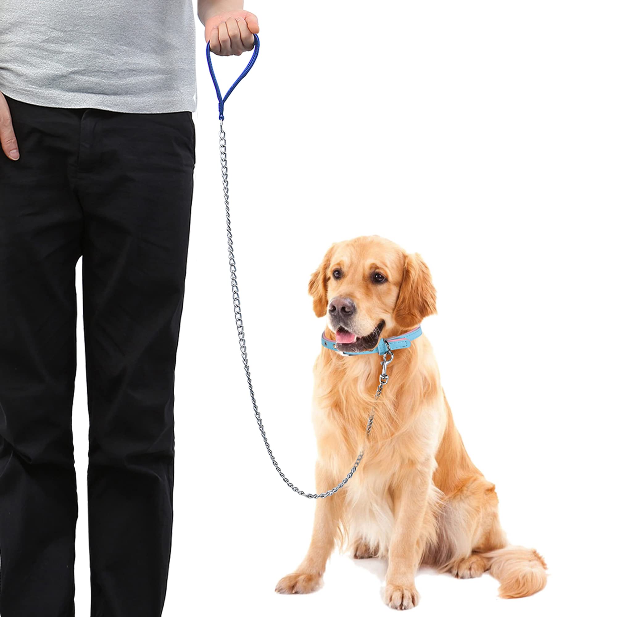 Filhome Metal Dog Leash - Chew Proof Chain Leash 4Ft, 8Ft Heavy Duty With Red Padded Handle For Large, Medium Dogs (4'/3.0Mm, Bl