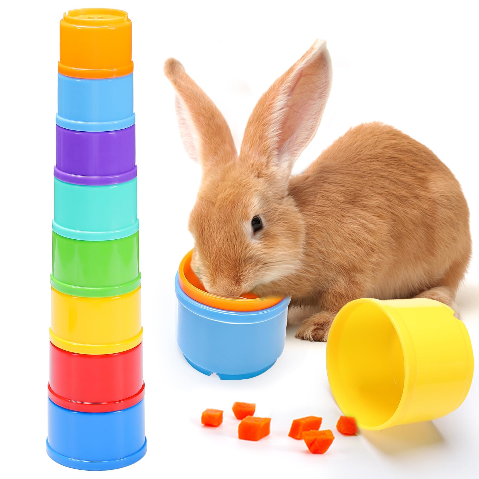 Mewtogo 8 Pcs Stacking Cups For Rabbits - Safe Reusable Bunny Toys In Different Sizes, Durable Rainbow Colored Nesting Toys For 