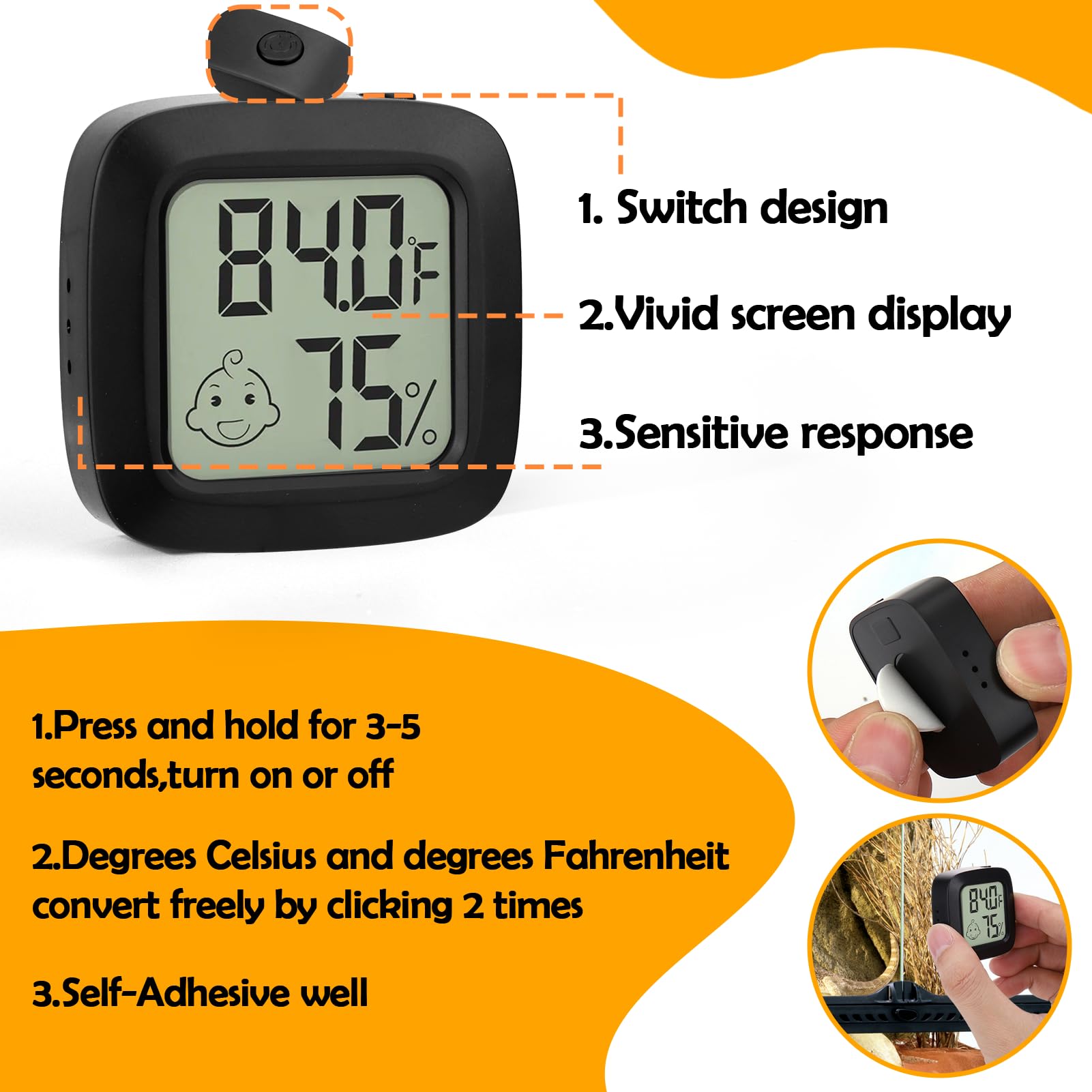 2 Pcs Reptile Thermometer And Humidity Gauge For Bearded Dragon With On-Off, Reptile Tank Accessories For Jumping Spider, Leopar